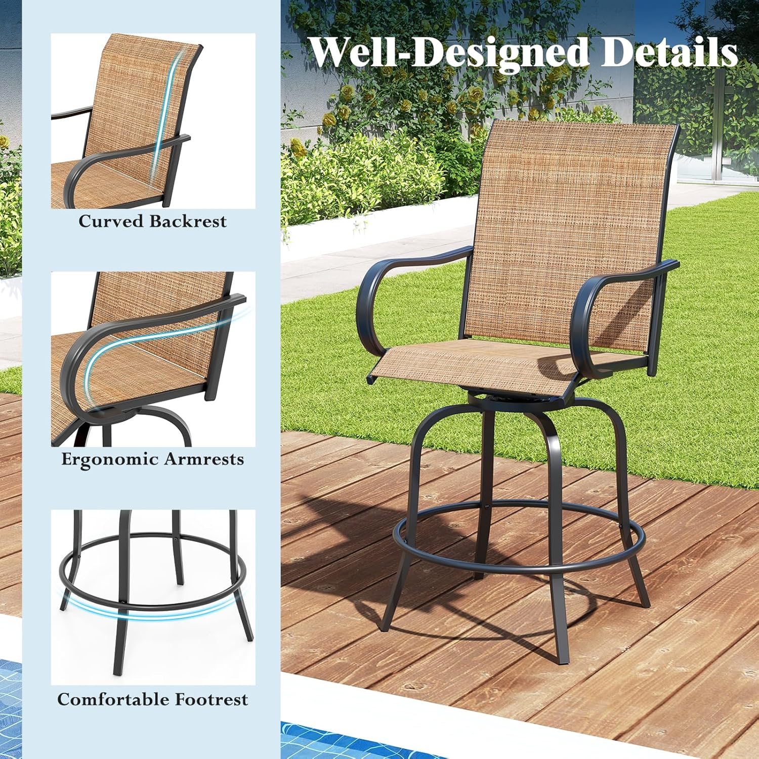 Tangkula Outdoor Swivel Bar Stools Set of 4, Bar Height Tall Patio Chairs with Armrests & High Back, Cozy Footrest & Solid Metal Support, High Top Bar Chairs for Backyard, Balcony, Poolside (Brown)