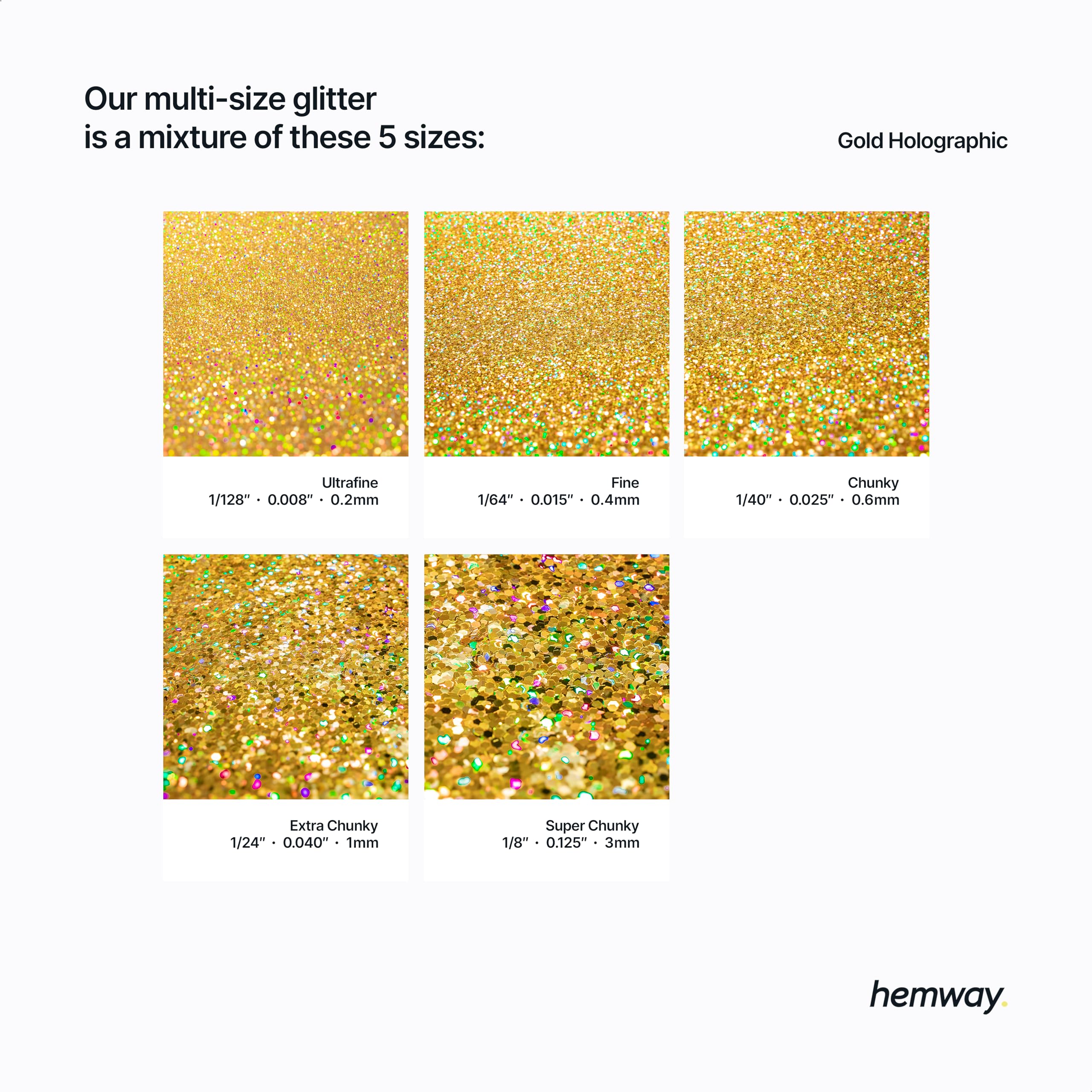 Hemway Craft Glitter Gold Holographic 100g Multi Size Glitter for Crafts Resin, Cosmetic, Nail, Face, Body, Festival - Image 3