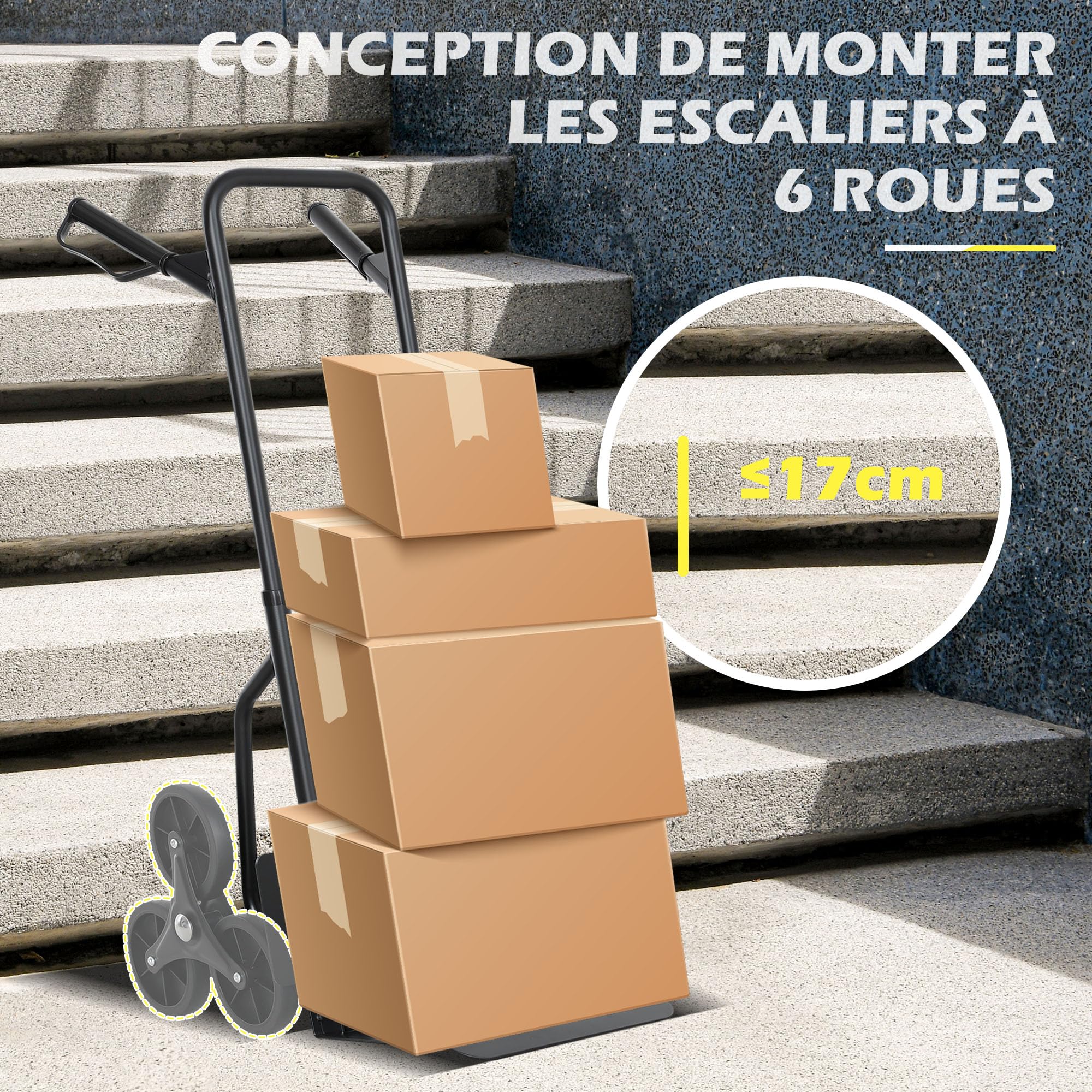 DURHAND Carro Plegable para Escaleras 120kg 6 Ruedas Robusto Negro Acero
