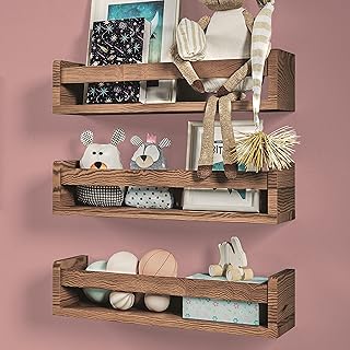 NATURE SUPPLIES Set of 3 Nursery Room Shelves, Solid Wood Ideal for Books, Toys, Decor, Wall Bookshelf for Kids Bedroom, Kids Bookshelf, Nursery Book Shelves Furniture, Floating Bookshelf, Brown