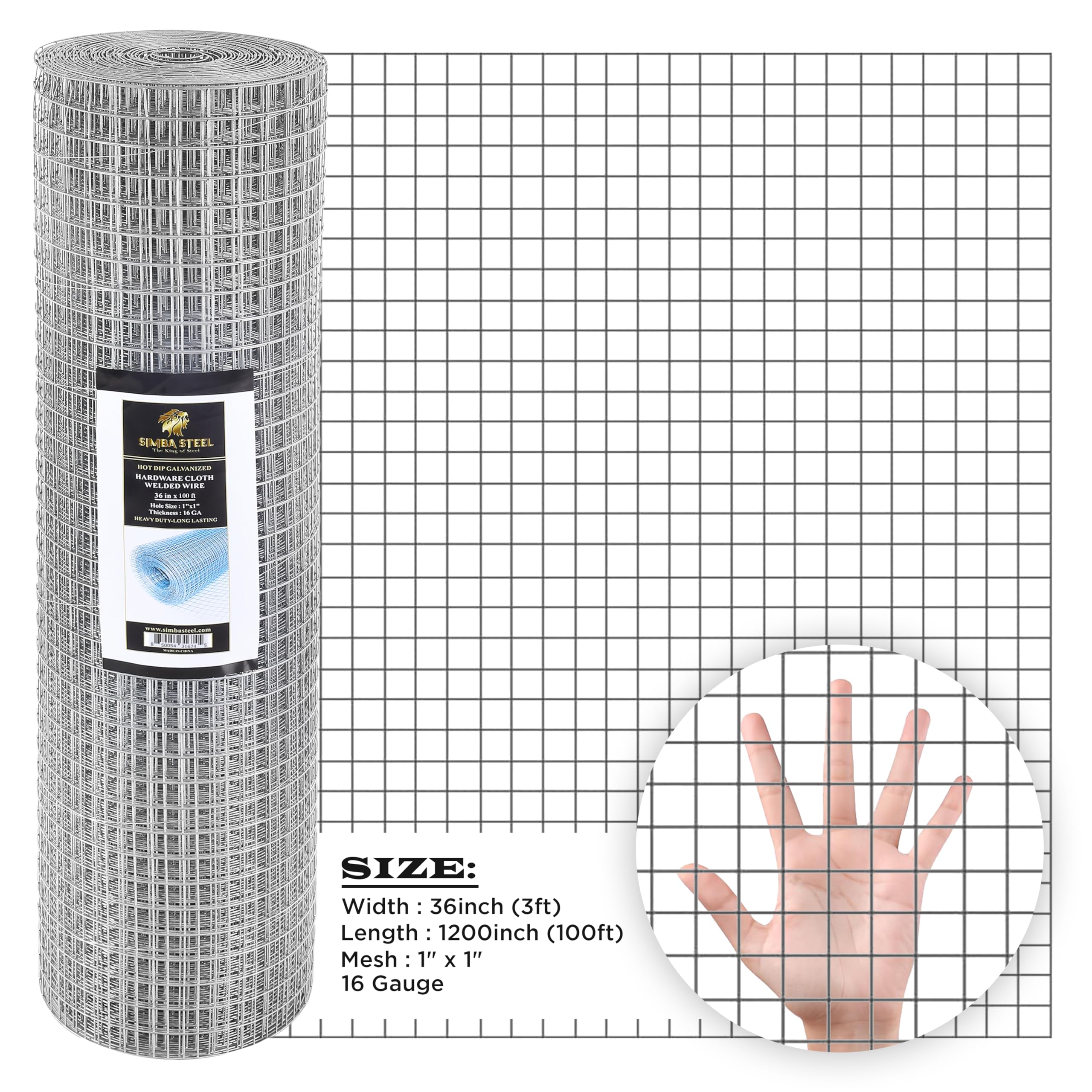 36” x 100 FT Hardware Cloth 1 inch Mesh 16 Gauge, Hot Dip Galvanised Wire Mesh, Rust Proof, Welded Cage Wire Rolls for Garden, Fence, Chicken, Rabbit, Pet Enclosures