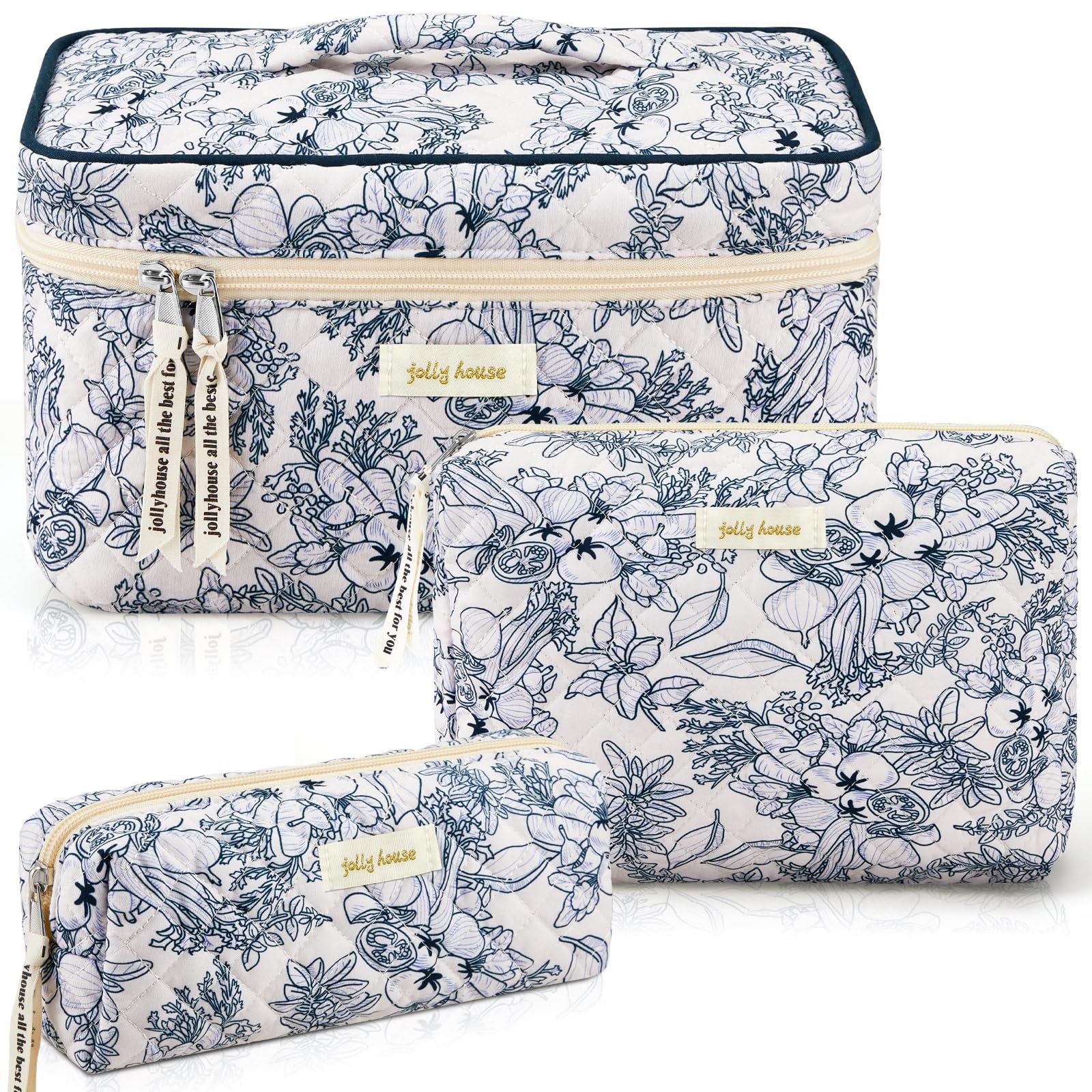 Zeyune 3 Pcs Makeup Bag Quilted Cosmetic Bags Large Floral Makeup Bag Set for Women Cotton Flower Travel Toiletry Storage Cute with Zipper for Women