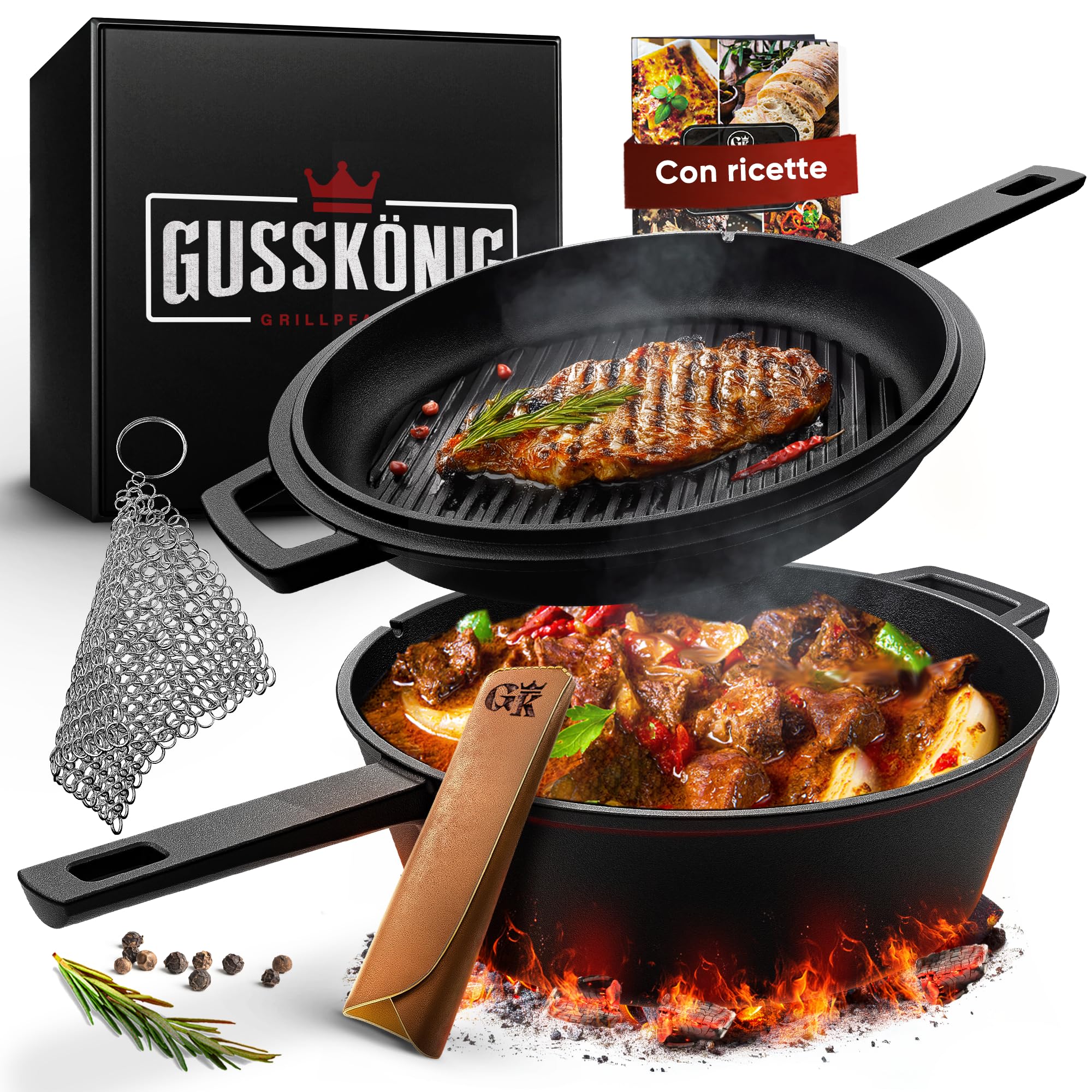 GUSSKÖNIG Dutch Oven - 2 in 1 Pentola in ghisa pre-stagionata 3L & Padella in ghisa 1,5L - Set Dutch Oven con funzione doppia Casseruola in Ghisa - Inclusi libro di ricette e accessori per BBQ