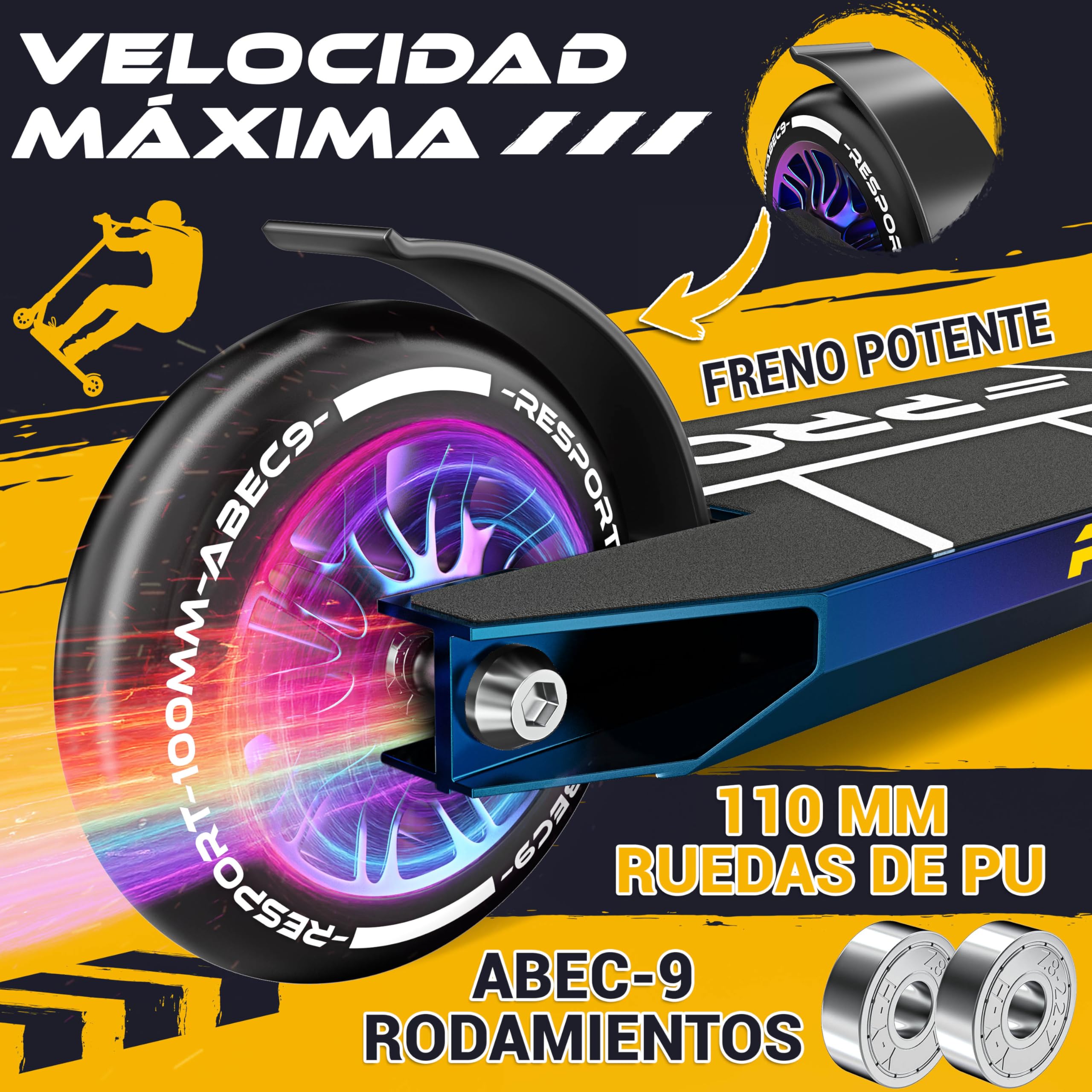 RE:SPORT Patinete de acrobacias Revo Pro para niños y adultos con soporte, patinete profesional de 110 mm, ruedas de poliuretano y barra en Y, patinete de acrobacias, patinete ABEC 9, rodamientos de — view 5