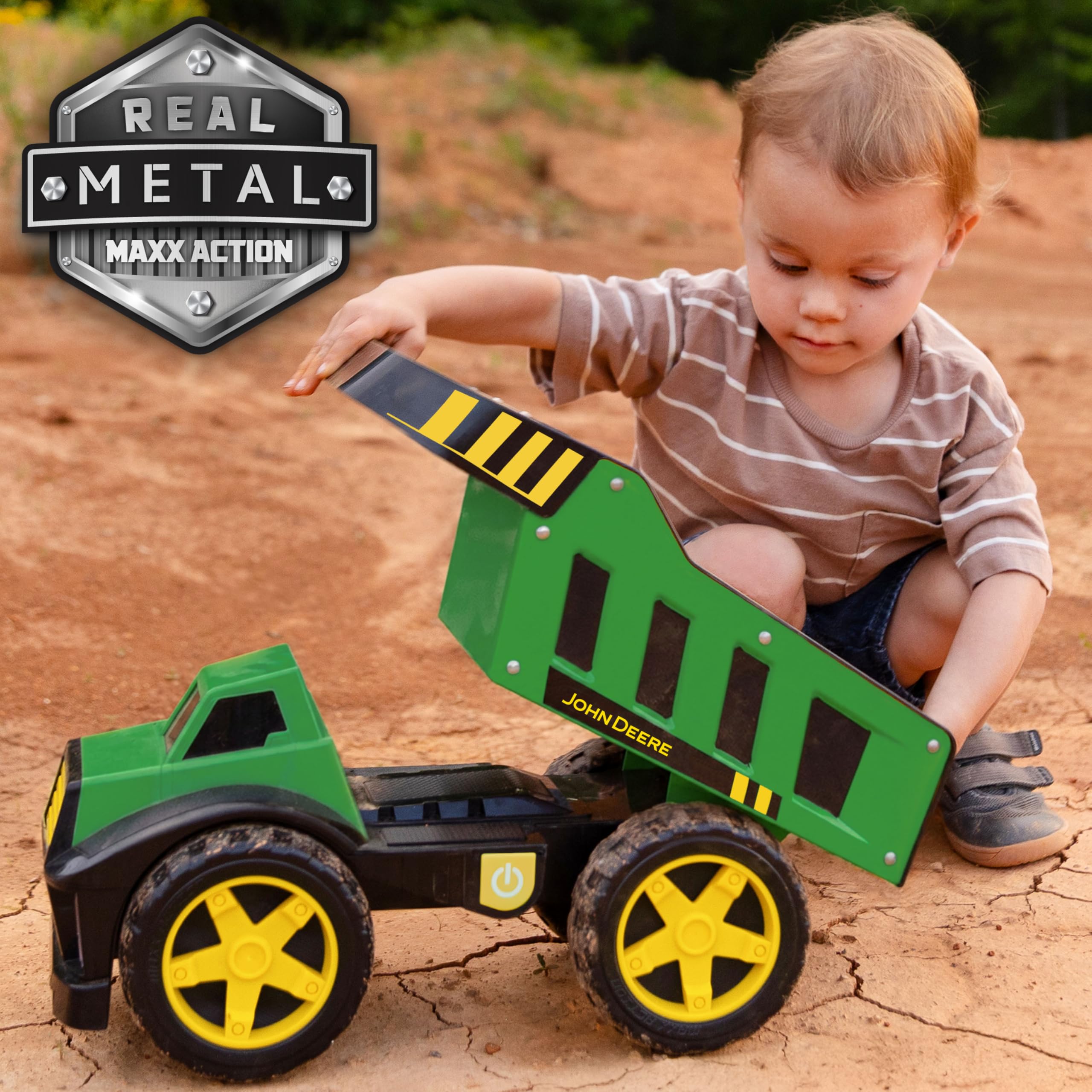 John Deere 16-calowa metalowa wywrotka, realistyczne światła i dźwięki, solidne metalowe łóżko do ciężarówek, bardzo duże koła, wytrzymała zabawka pojazdu budowlanego dla dzieci, a