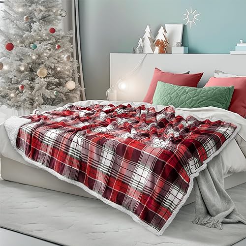 PAVILIA Christmas Plaid Blanket | Sherpa Fleece Flannel Throw Blanket | Christmas Plaid Warm Plush Microfiber Blanket for Couch Sofa | 60x80 Inches