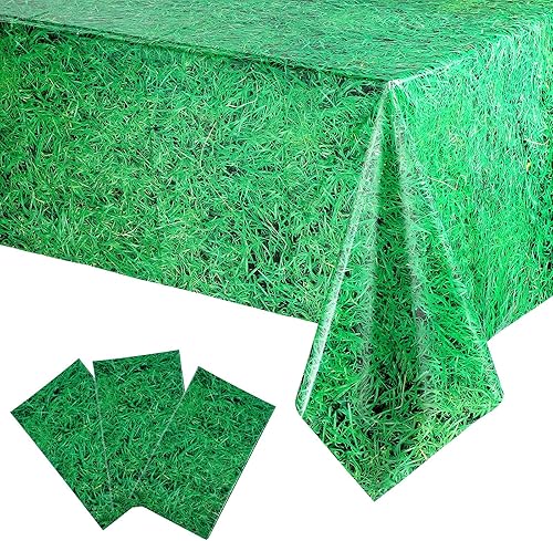 Blulu Mantel de plástico de 3 piezas, 54 x 108 pulgadas, mantel de césped verde para fiesta de cumpleaños deportiva, selva, dinosaurio, bosque,