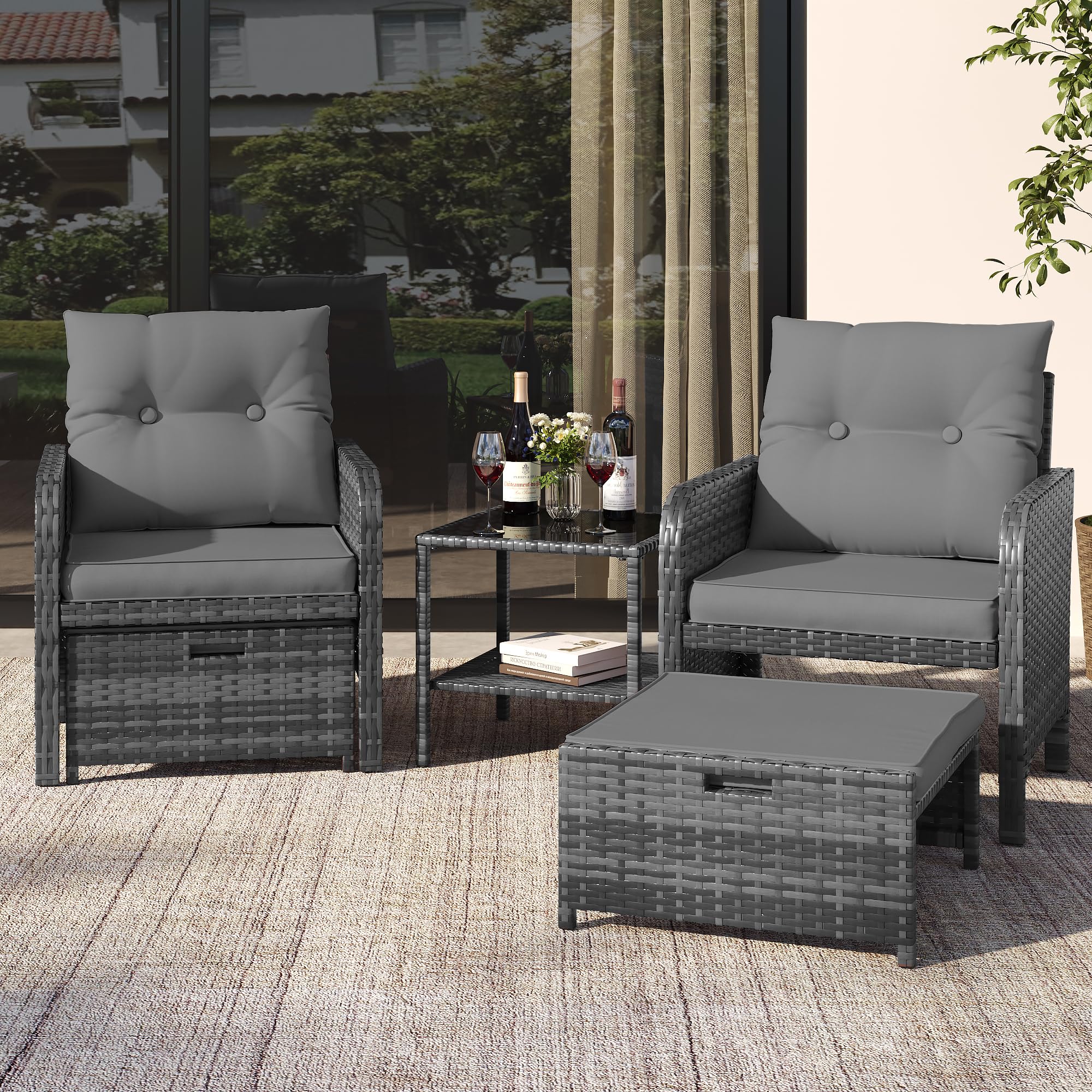 Amopatio 5-teiliges Polyrattan Gartenmöbel Set, Rattan Lounge Set mit 2 Hockern und Glastisch, Wetterfestes Garten Sofa Set mit Sitzkissen für Garten, Terrasse, Balkon, Grau