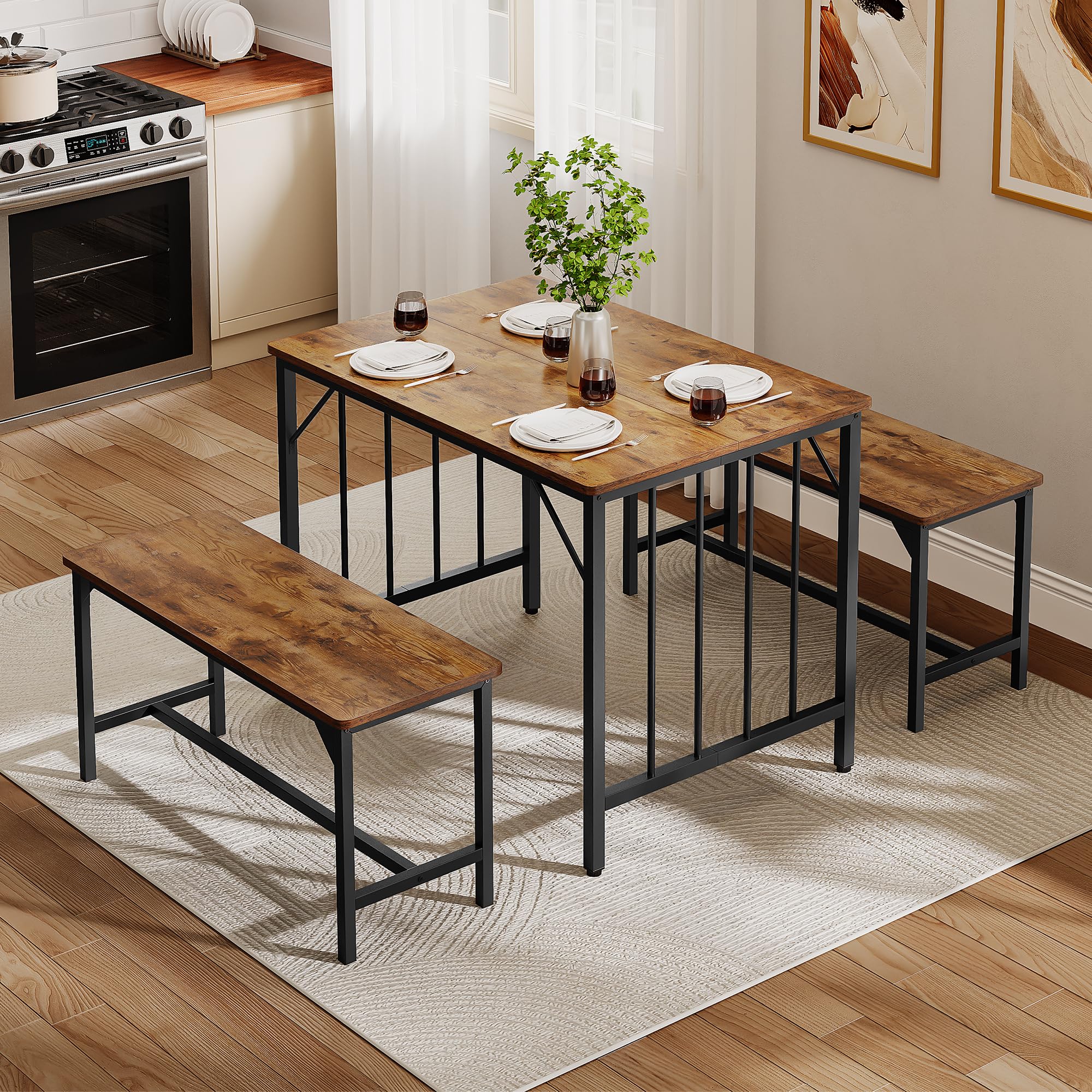 YITAHOME Ensemble Table de Salle à Manger et 2 chaises, Ensemble de Salle à Manger 3 pièces avec Banc, Peu encombrant, Table à Manger pour Cuisine, Appartement, Marron Rustique