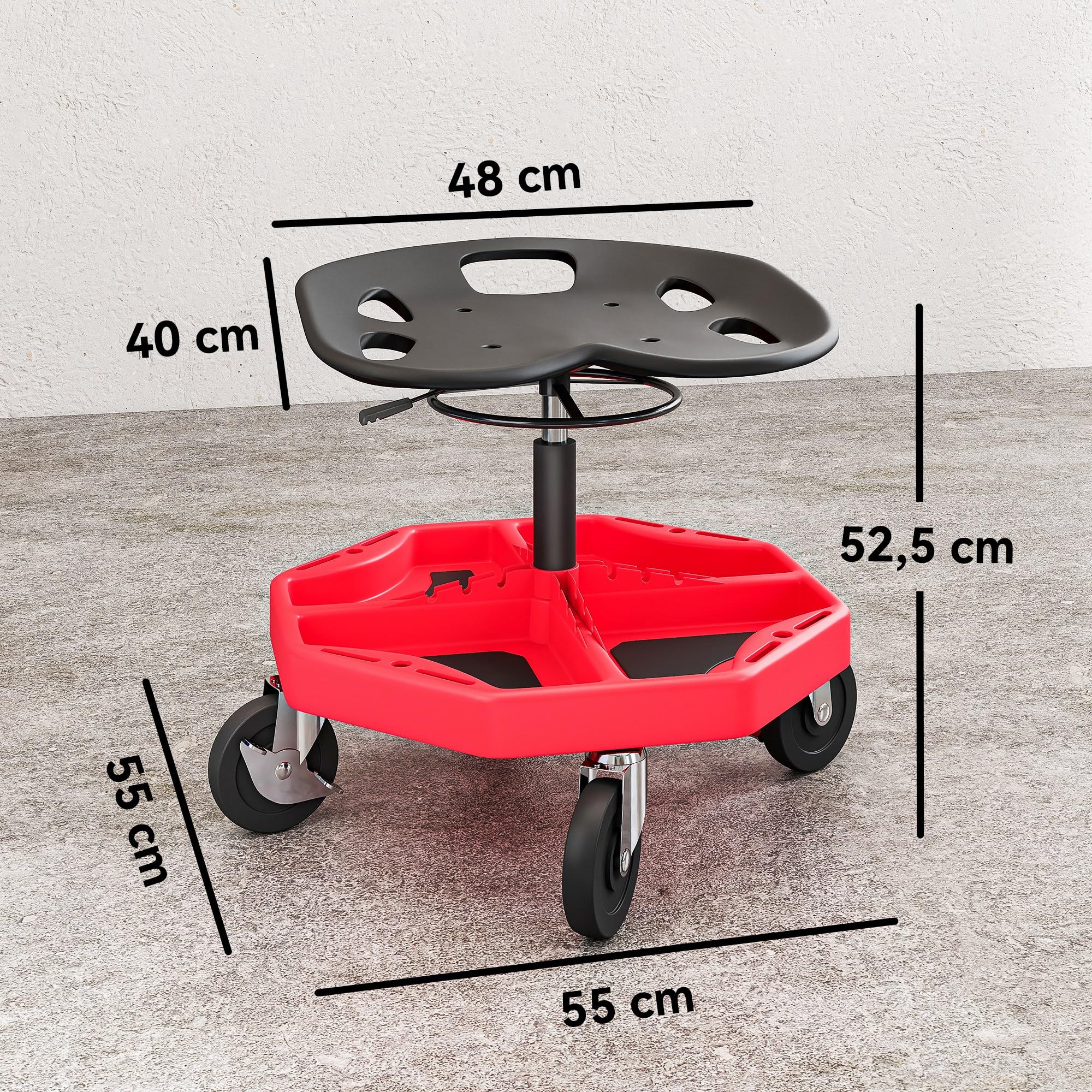 HOMCOM Sgabello da Officina Mobile con Vassoio Magnetico, Altezza Regolabile 52-59,5 cm, carico 135 kg, Sgabello da Meccanico con Ruote, per Garage, riparazioni automobilistiche, Rosso