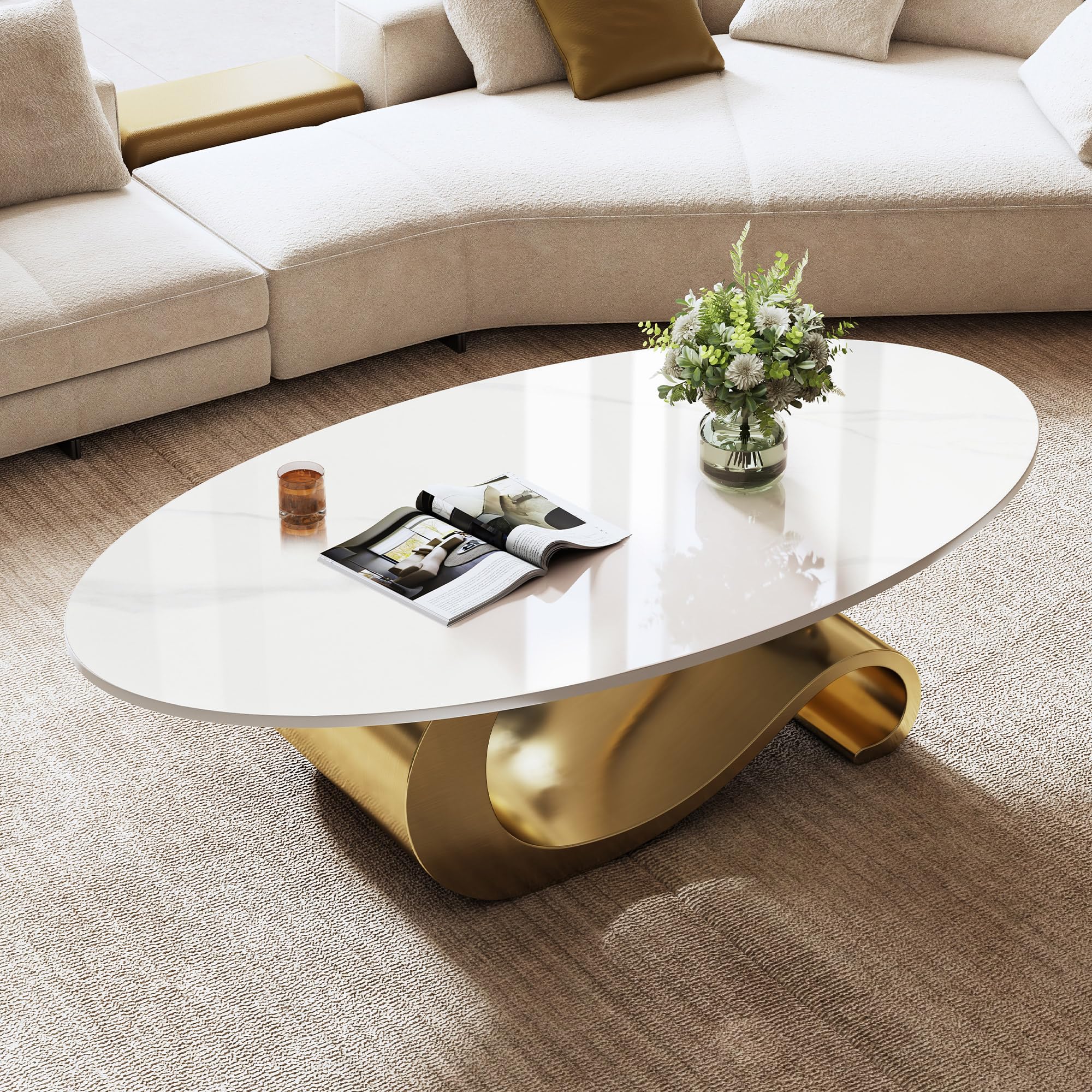 Modern Coffee Table with Gold Stainless Steel Pedestal,Oval