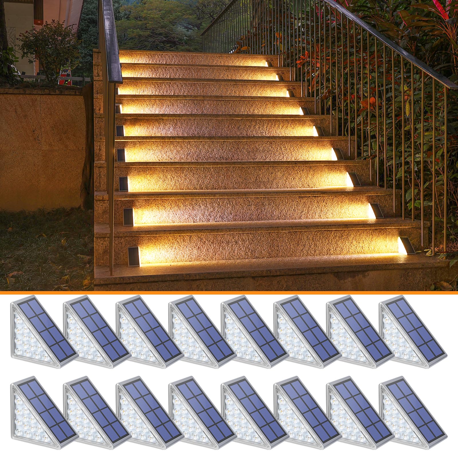 NIORSUN Solar Step Lights for Outside,16 Pack Warm White Solar Stair Lights Outdoor Waterproof IP67 Auto On Off,Solar Lights for Steps,Stair,Patio,Yard,Porch,Front Door,Sidewalk,Deck Decor