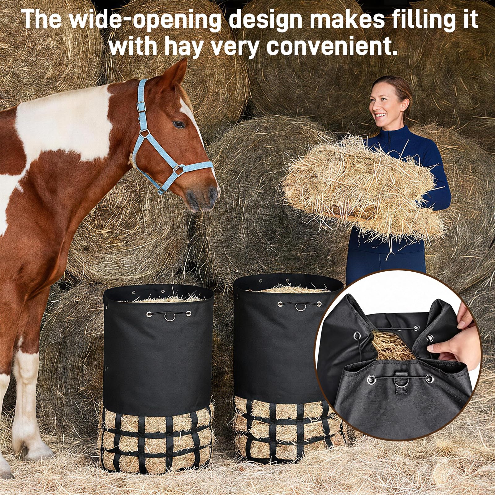 2 PCS Heusäcke für Pferde, mit Haken, 6,5 cm Maschenweite, 10 kg Fassungsvermögen, Heunetz / Slow-Feeder Heusack, XXL Heusack, robust & wetterfest, für Pferde, geeignet für Stall, Weide und Transport