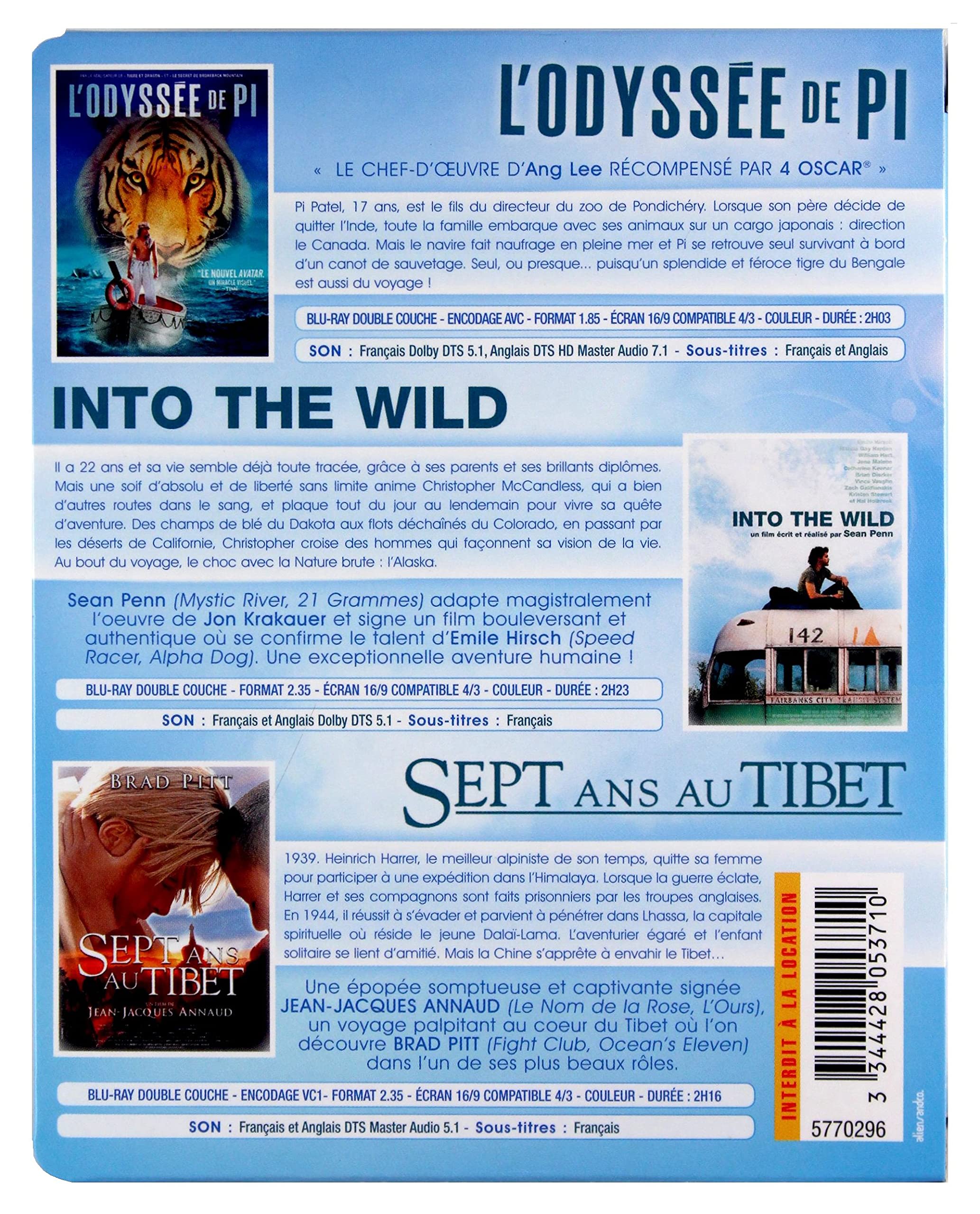 Grands espaces : L'odyssée de Pi + Sept ans au Tibet + Into the Wild [Francia] [Blu-ray]