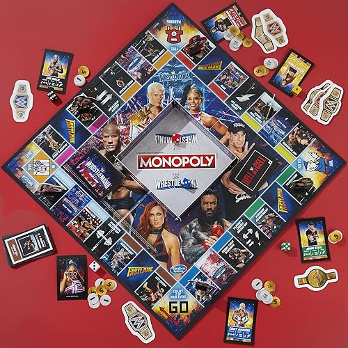 Miniatura 4 de MONOPOLY Wrestlemania Edition Juego de mesa para edades de 8 años en adelante, juego inspirado en WWE Wrestlemania, juegos familiares para 2 a 6