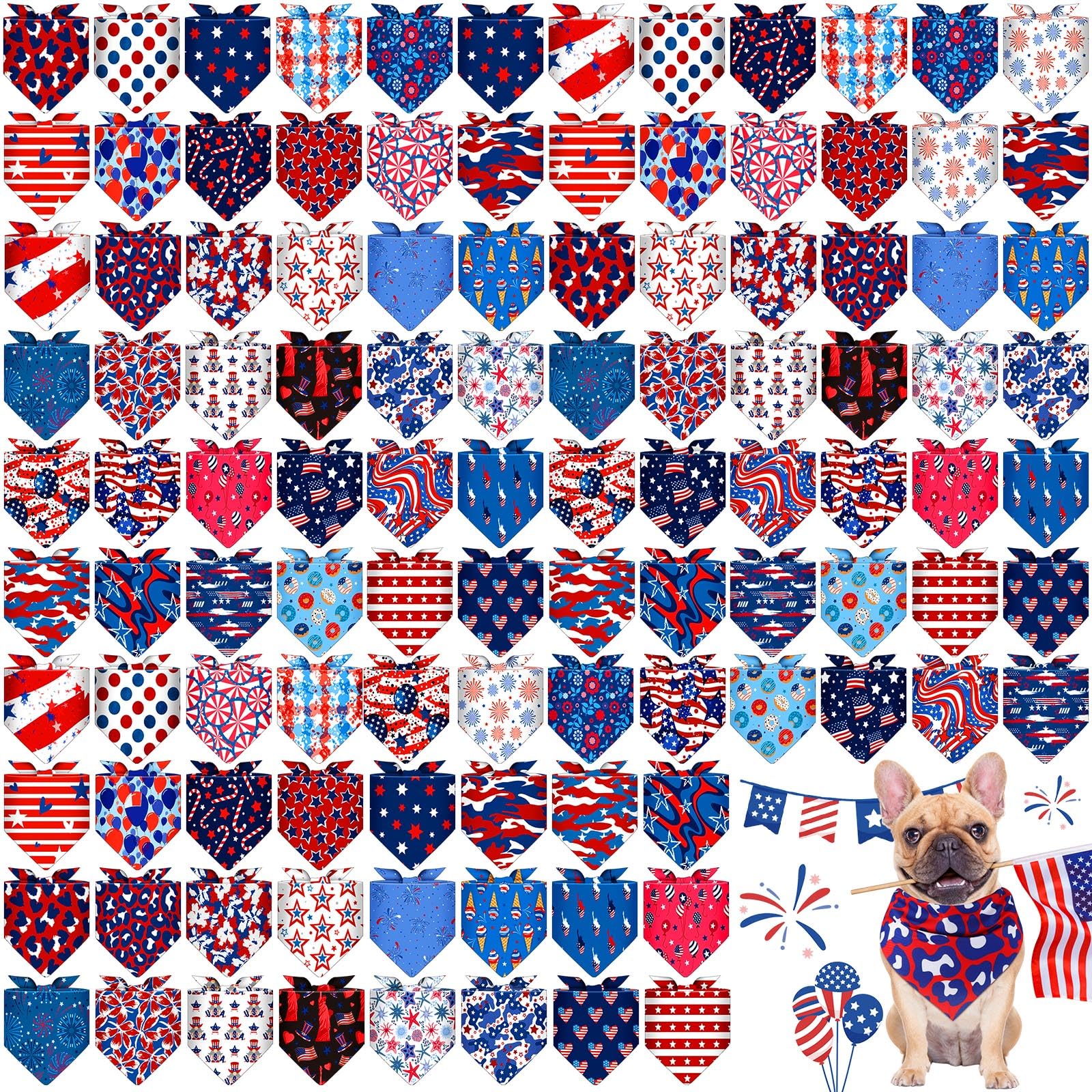Shyyween 108 Pcs 4th of July Dog Bandanas Bulk Patriotic Bandanas for Dog Independence Day Pet Scarf Bibs Soft Triangle Flag Neckerchief Adjustable