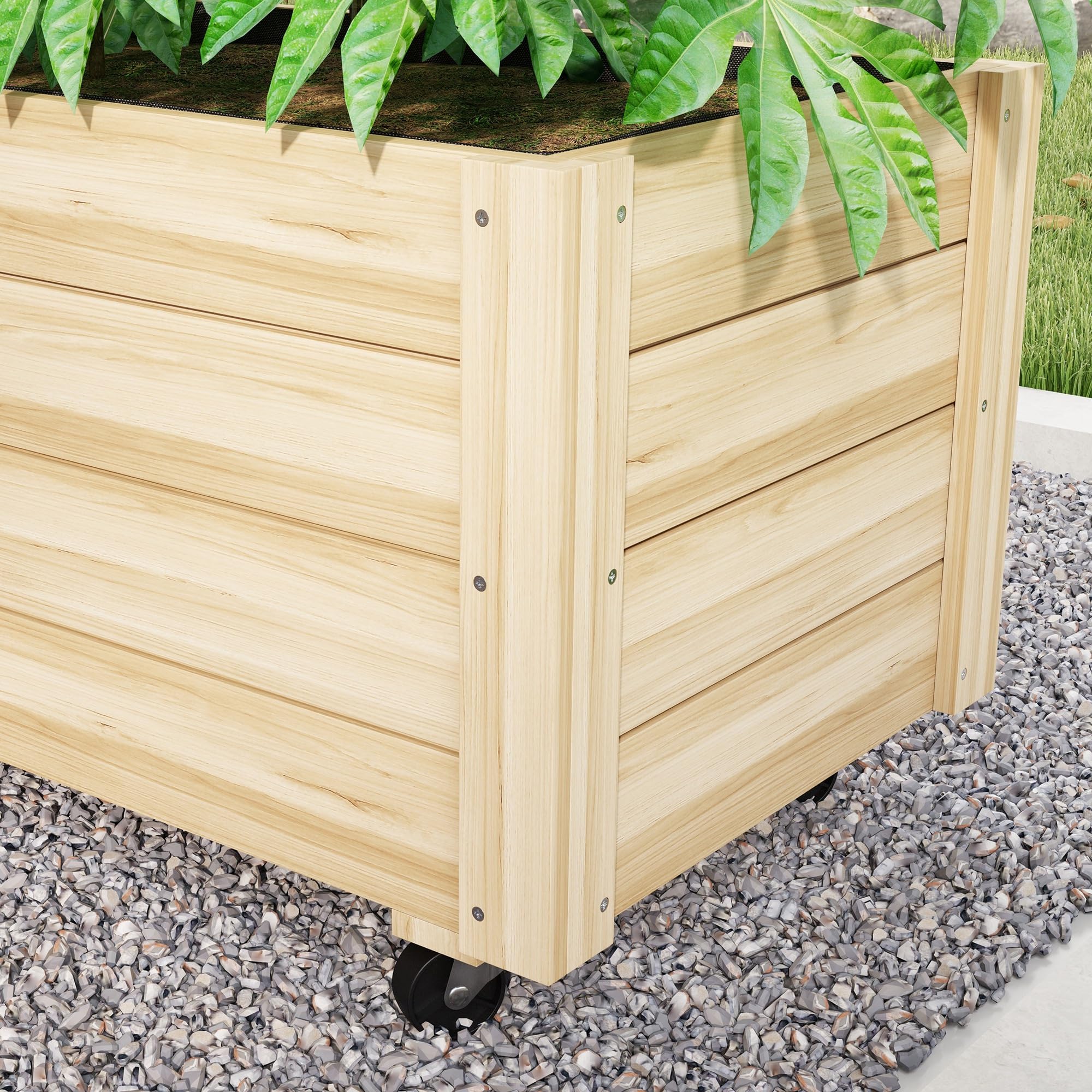 Outsunny Jardinera de Madera con Ruedas Huerto Urbano Madera Jardinera Rectangular con Orificios de Drenaje y Tela no Tejida para Cultivo Flores Plantas en Jardín Balcón Terraza 89x48x47 cm Natural