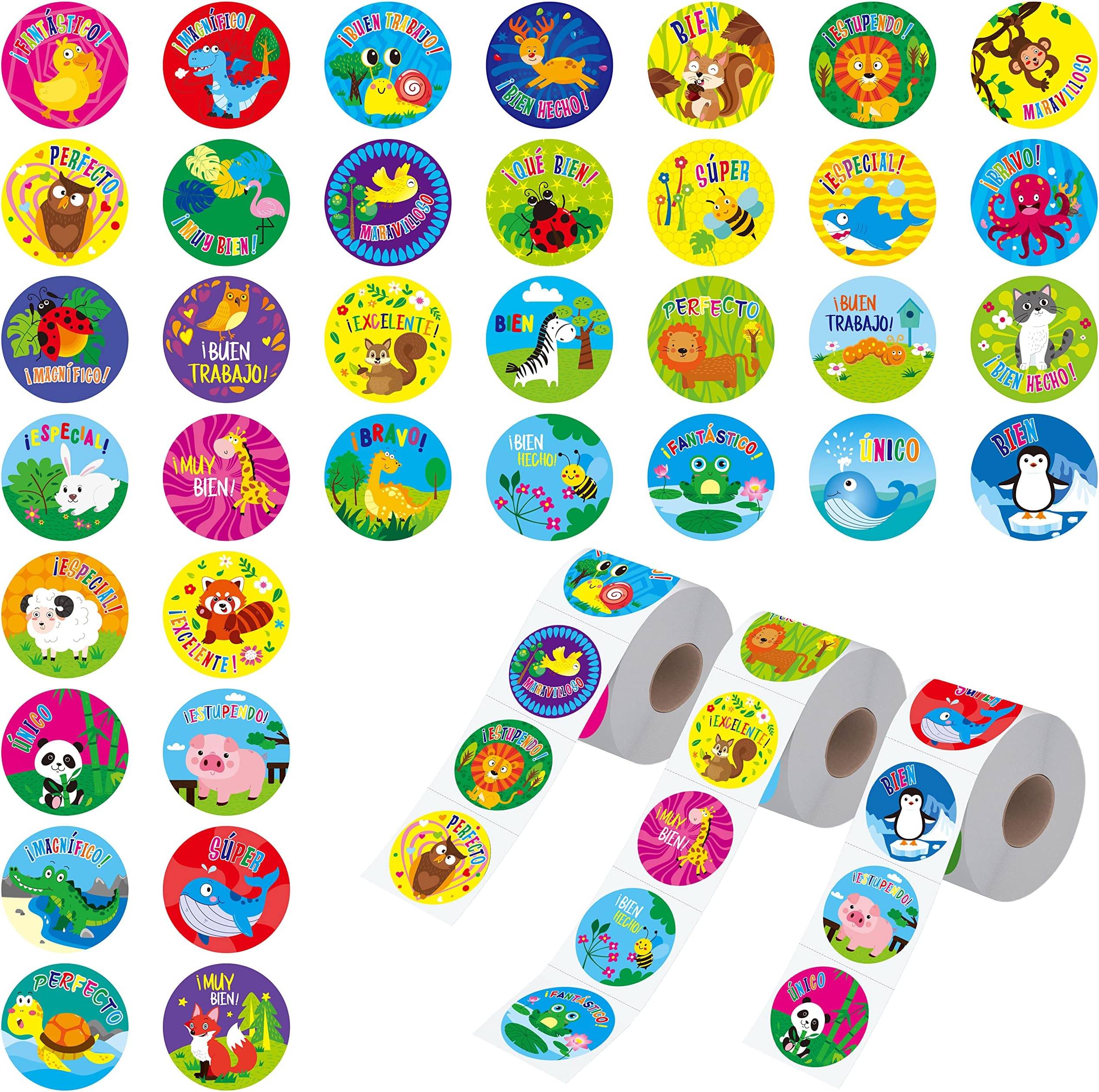 1800 Teacher Reward Encouragement Motivational Spanish Espanol Sticker in 36 Animal Designs for Teachers, Classroom Use (Each Measures 1” in Diameter)