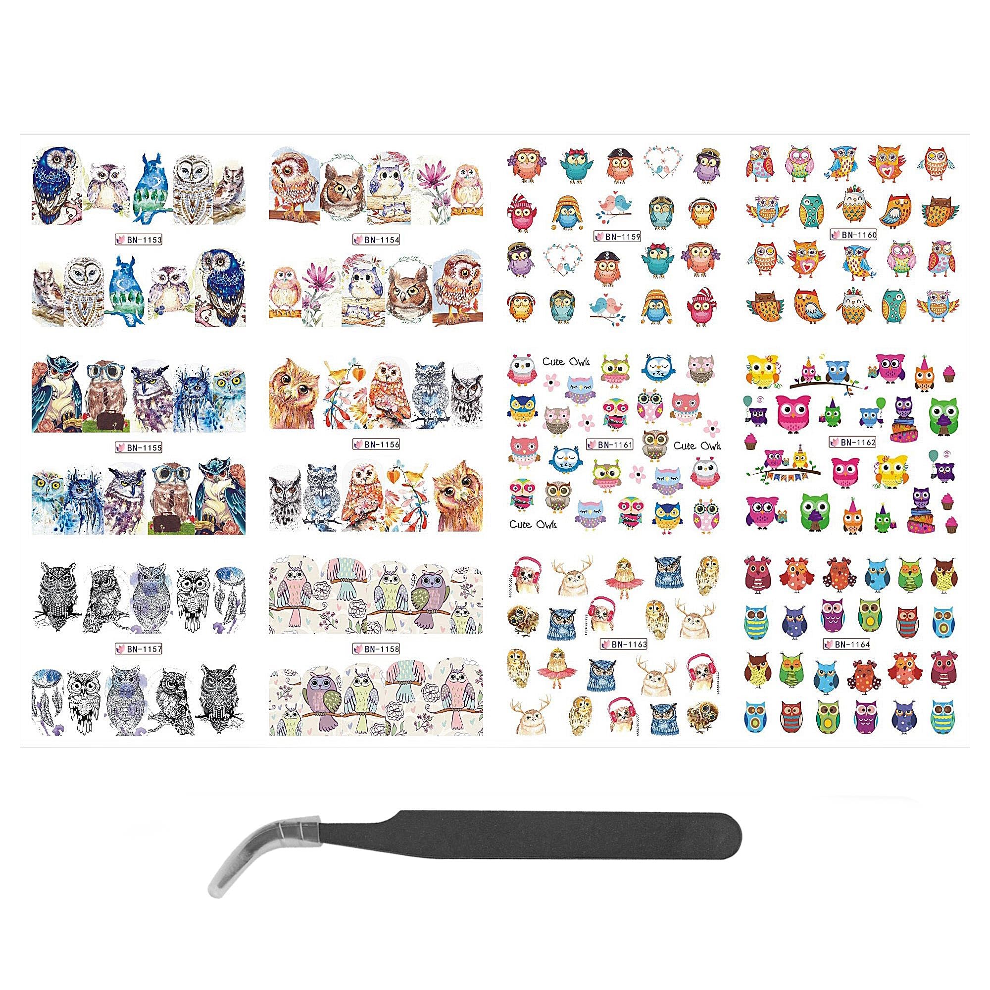 CAIRIAC Owl Nail Art Stickers Self-Adhesive Decals for Women Girls Gift - Cute Owls Nail Wrap Accessories Water Transfer Decals (12 Sheets)