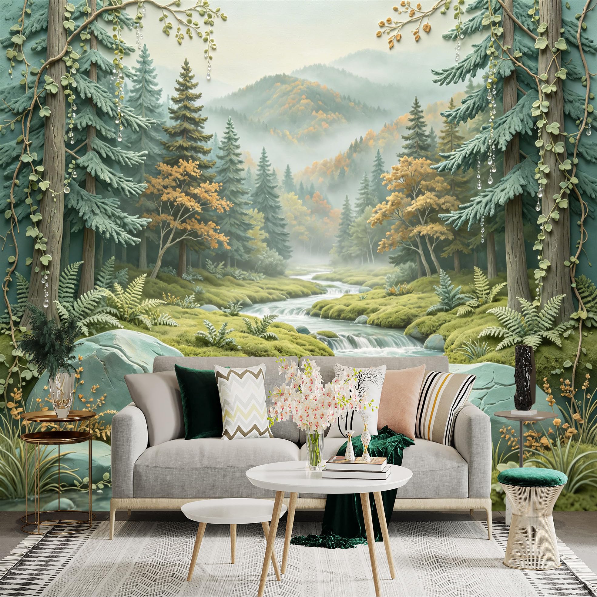 Custom Size Wall Sticker Mural， Misty Forest Stream with Mountains and Autumn Trees， for wall Decoration， peelandstick wall Decals.