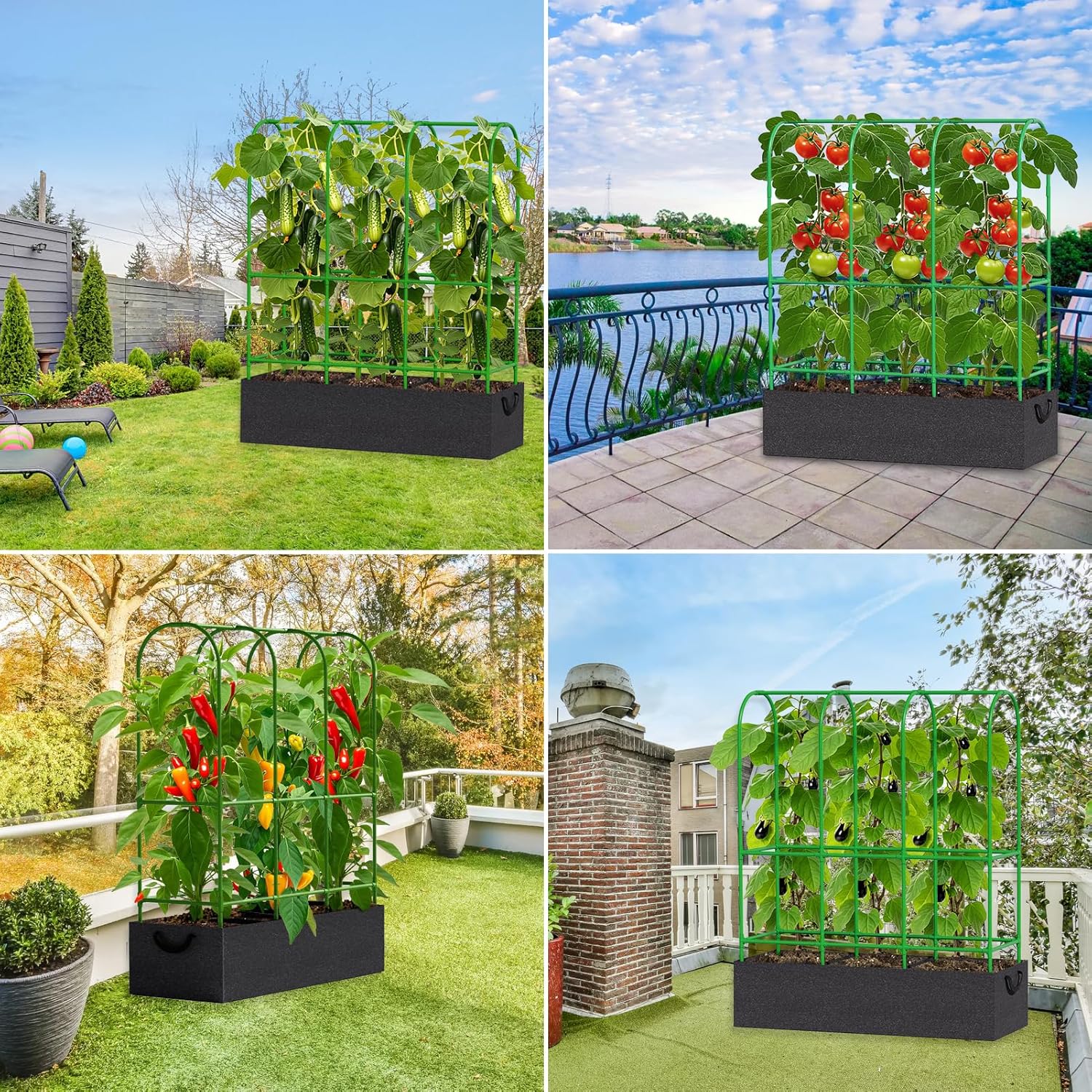 65"H x 50"W Cucumber Trellis with Grow Bag & Netting, U-Frame Metal Plant Support, Heavy-Duty Steel & Plastic, Green & Black, Rectangular, Climbing Plant Support Structure