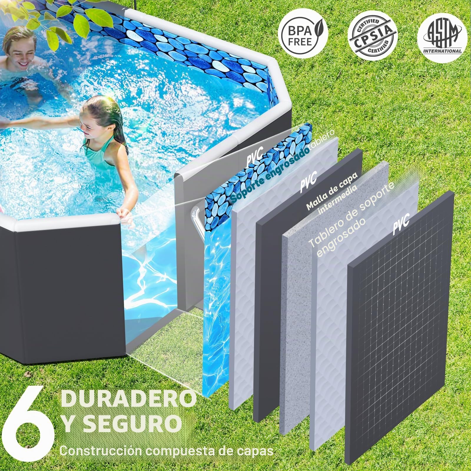 Luxfero Piscina Desmontable Rectangular con Toldo Solar, Piscina Desmontable Tubular Plegable, Piscina Rectangular de Exterior Épaissi, Fácil de Guardar Piscina para Adultos y Niños, 228 x 127 x 50 cm