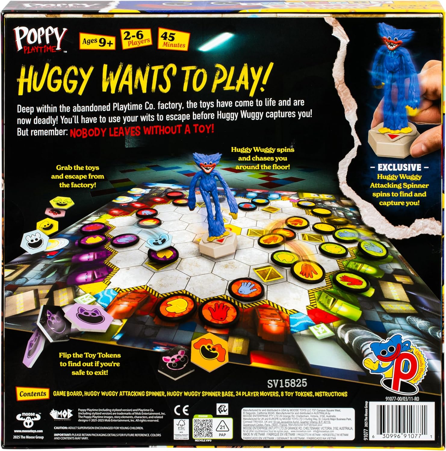 Poppy Playtime Factory Frenzy Game, Exclusive Huggy Wuggy Attacking Mover Spins, Points and Chases Players Around The Board. Use Your Wits As You Grab Toys and Try to Escape, for 2-6 Players Aged 9+