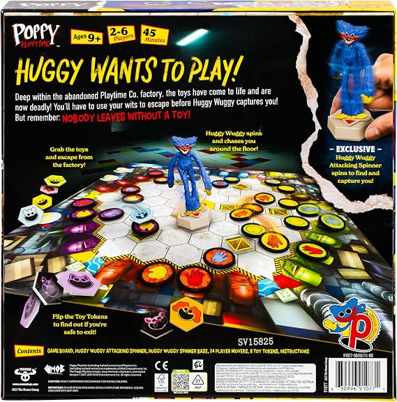 Poppy Playtime Factory Frenzy Game, Exclusive Huggy Wuggy Attacking Mover Spins, Points and Chases Players Around The Board. Use Your Wits As You Grab Toys and Try to Escape, for 2-6 Players Aged 9+