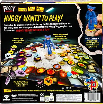 Poppy Playtime Factory Frenzy Game, Exclusive Huggy Wuggy Attacking Mover Spins, Points and Chases Players Around The Board. Use Your Wits As You Grab Toys and Try to Escape, for 2-6 Players Aged 9+