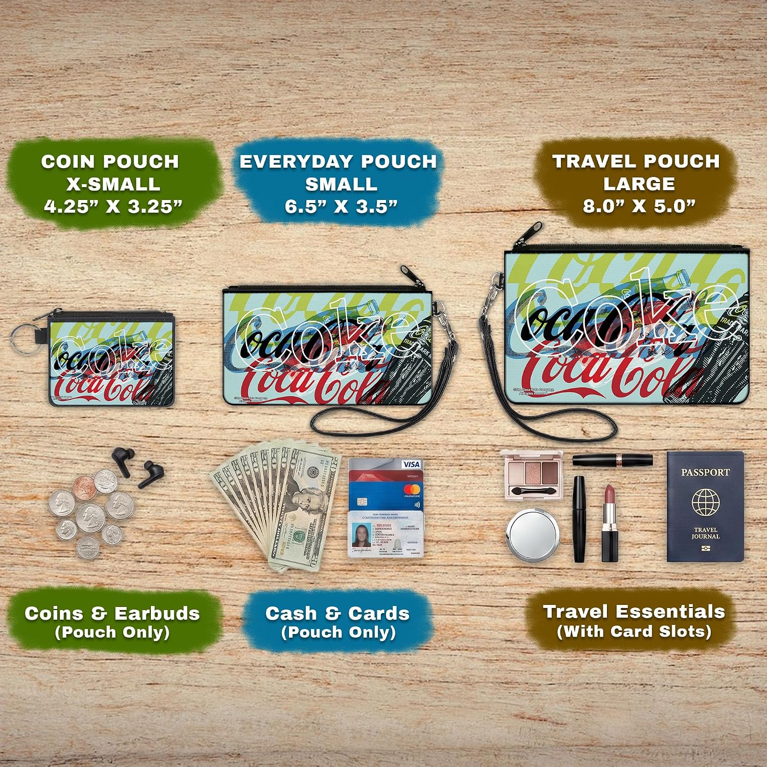Buckle-Down Coca-Cola Wallet, Zip Pouch, Coca Cola Coke Logos and Bottle Pop Art White Multi Color, Canvas