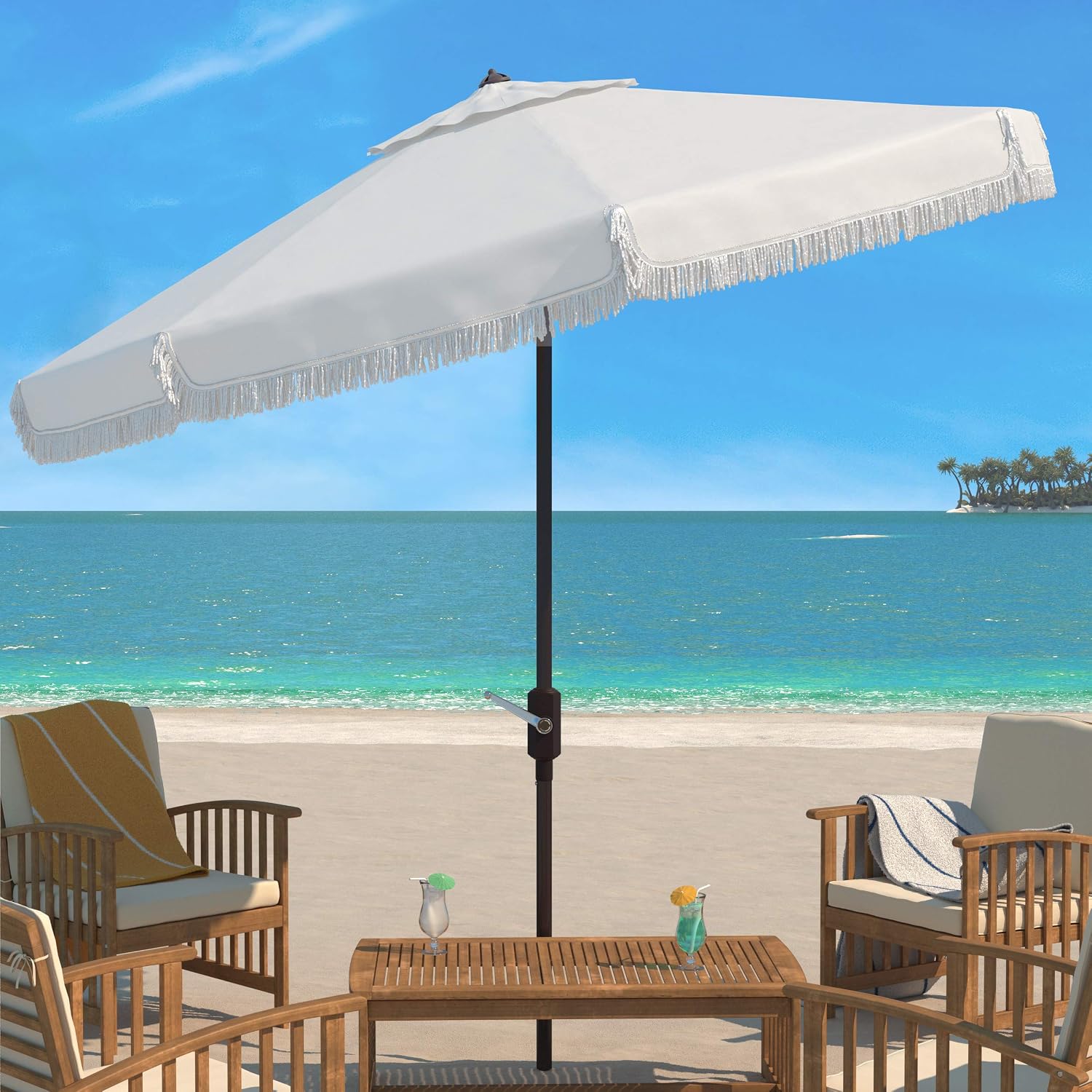 Safavieh Outdoor Milan Fringe 11-Foot Round Crank UV Protected Umbrella