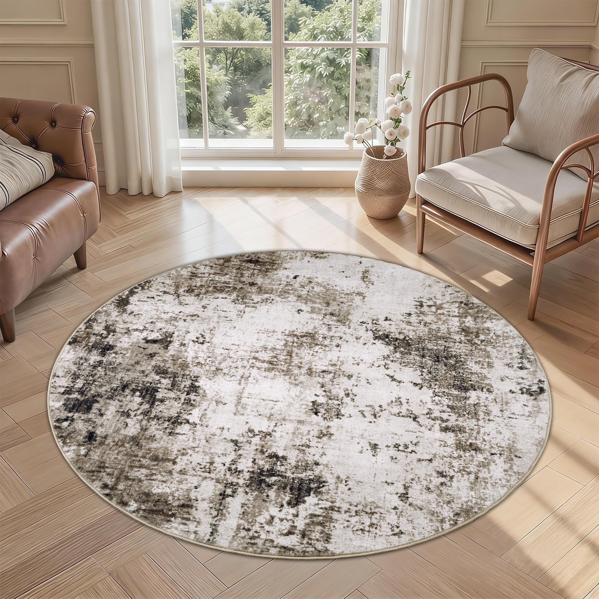 Homcomodar Waschbarer Teppich Wohnzimmer Kurzflor Teppich Rund 120cm Weich Teppiche Schlafzimmer rutschfest Taupe Modern Teppiche für Kinderzimmer Esszimmer Büro