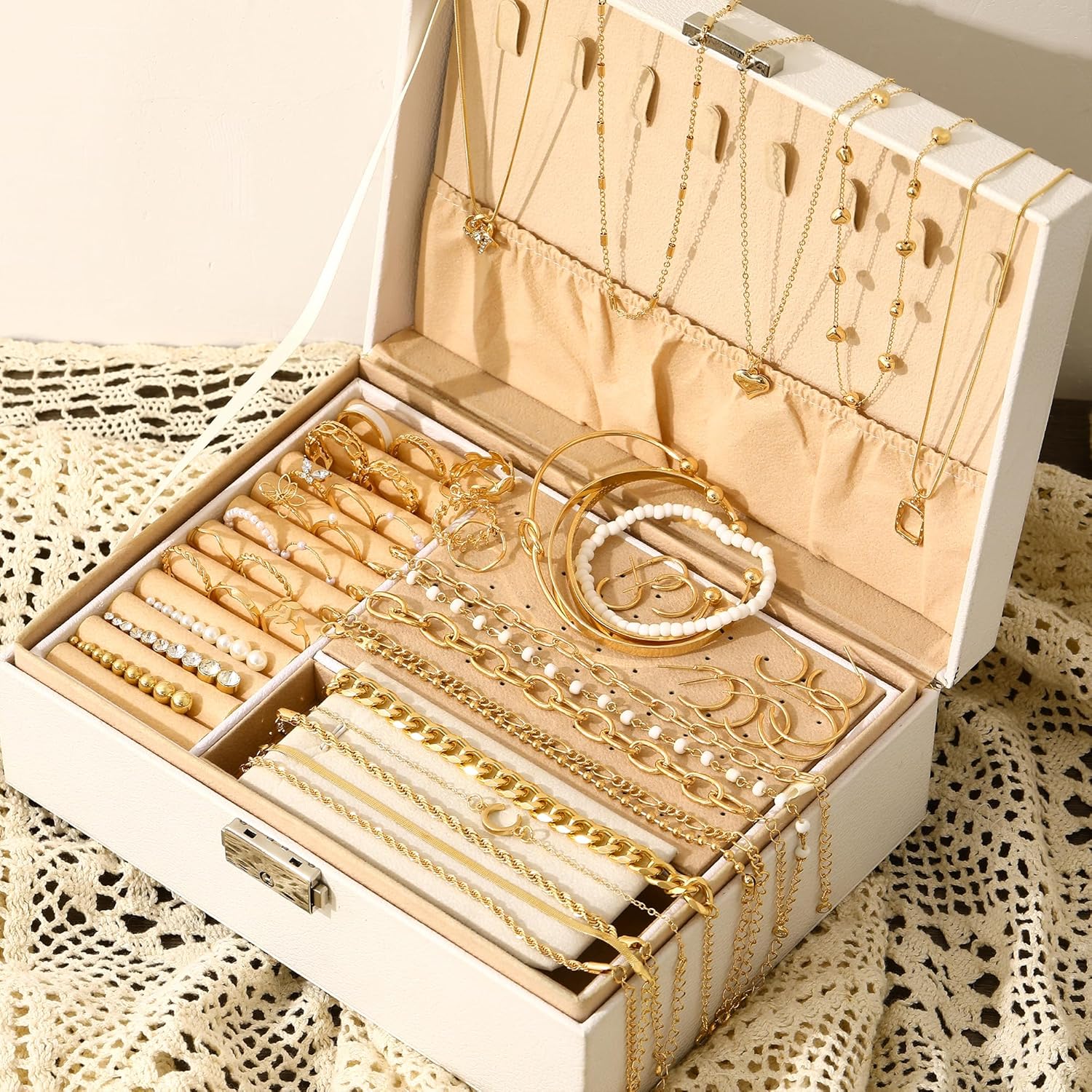 FAXHION 68 Pcs Gold Jewelry Set for Women with 7 Necklace, 17 Bracelet, 5 Hoop Earrings, 15 Stud Earrings, 24 Knuckle Rings for Women Jewelry Set for Women - Image 9