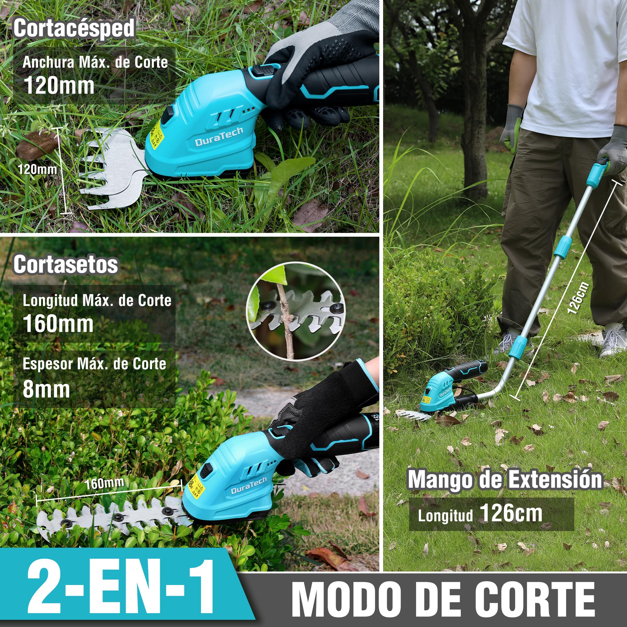 DURATECH 12V Tijera Cortacésped y Arreglasetos 2 en 1, Tijeras Eléctricos de Jardín con Alargador, Batería y Cargador, Cortasetos Eléctrico para Césped y Arbustos, para Jardinería