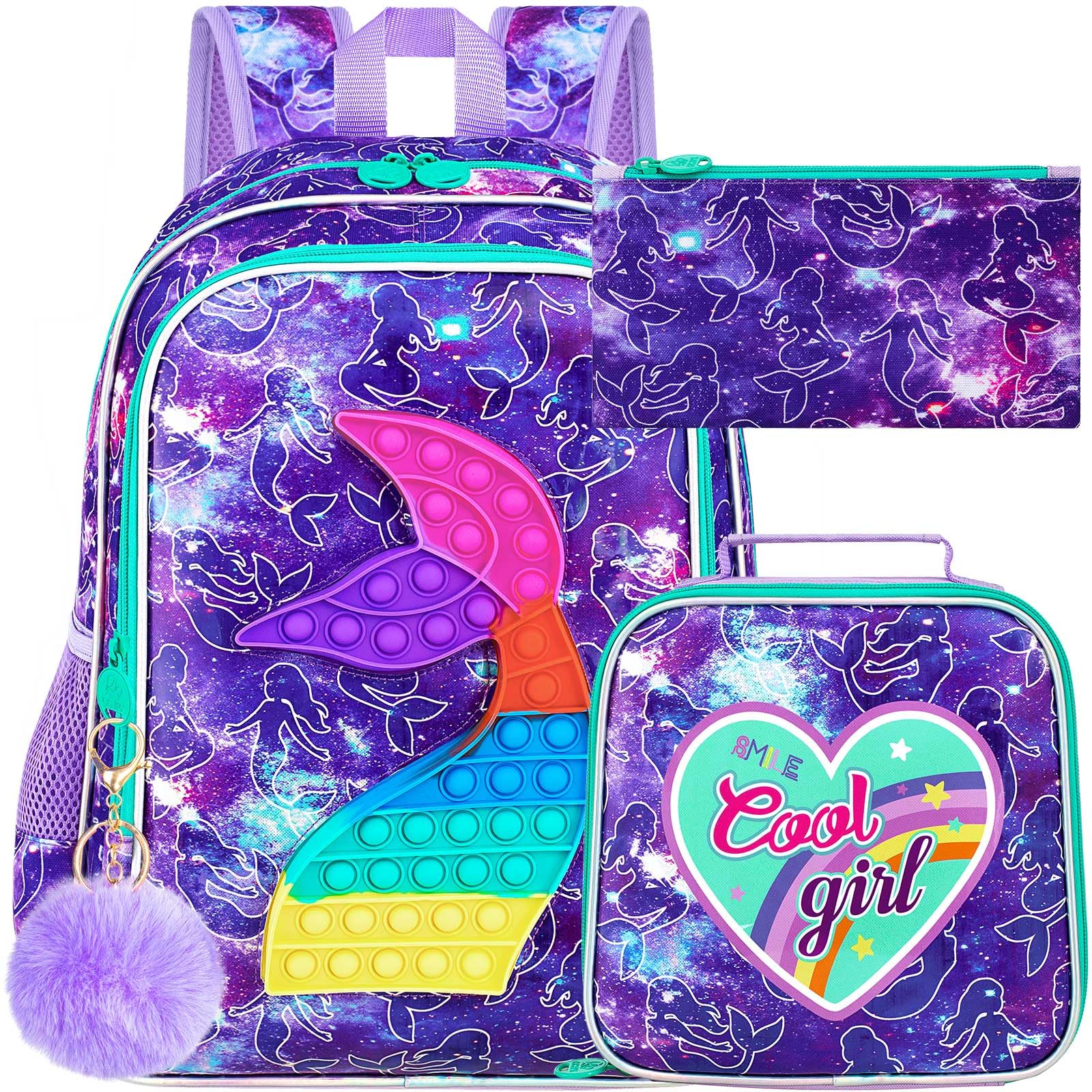 CCJPX 3PCS Mermaid Backpack for Girls, 16”Kids Water Resistant Elementary Preschool Kindergarten School Bookbag with Lunch Box - Purple