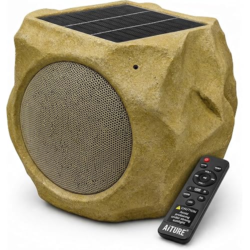 8 Inch Solar Rock Speaker Peak 80W Deep Bass, 22Hr Playtime, Bluetooth 5.4 Hi-Fi Stereo, Waterproof/Multi-Sync 200 Speakers, Auto-Pairing Auracast, Remote Control for Patio Garage Home