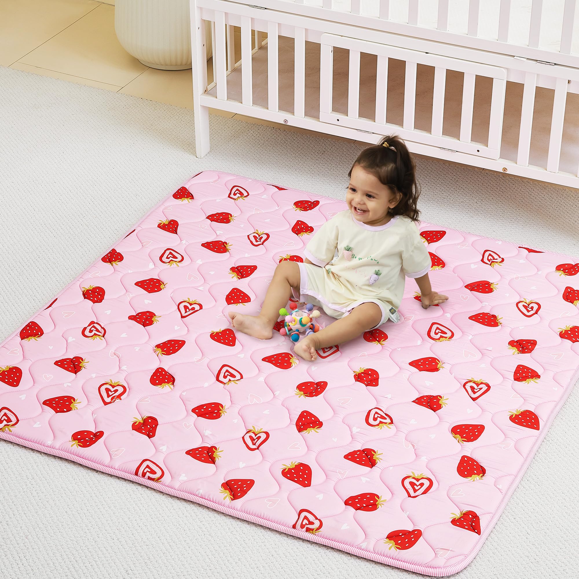Viviland Baby Play Mats for Floor, Thicken Playmate for Baby and Toddlers, 50" x 50" Playpen Mat, Non-Slip & Machine Washable - Pink Strawberry