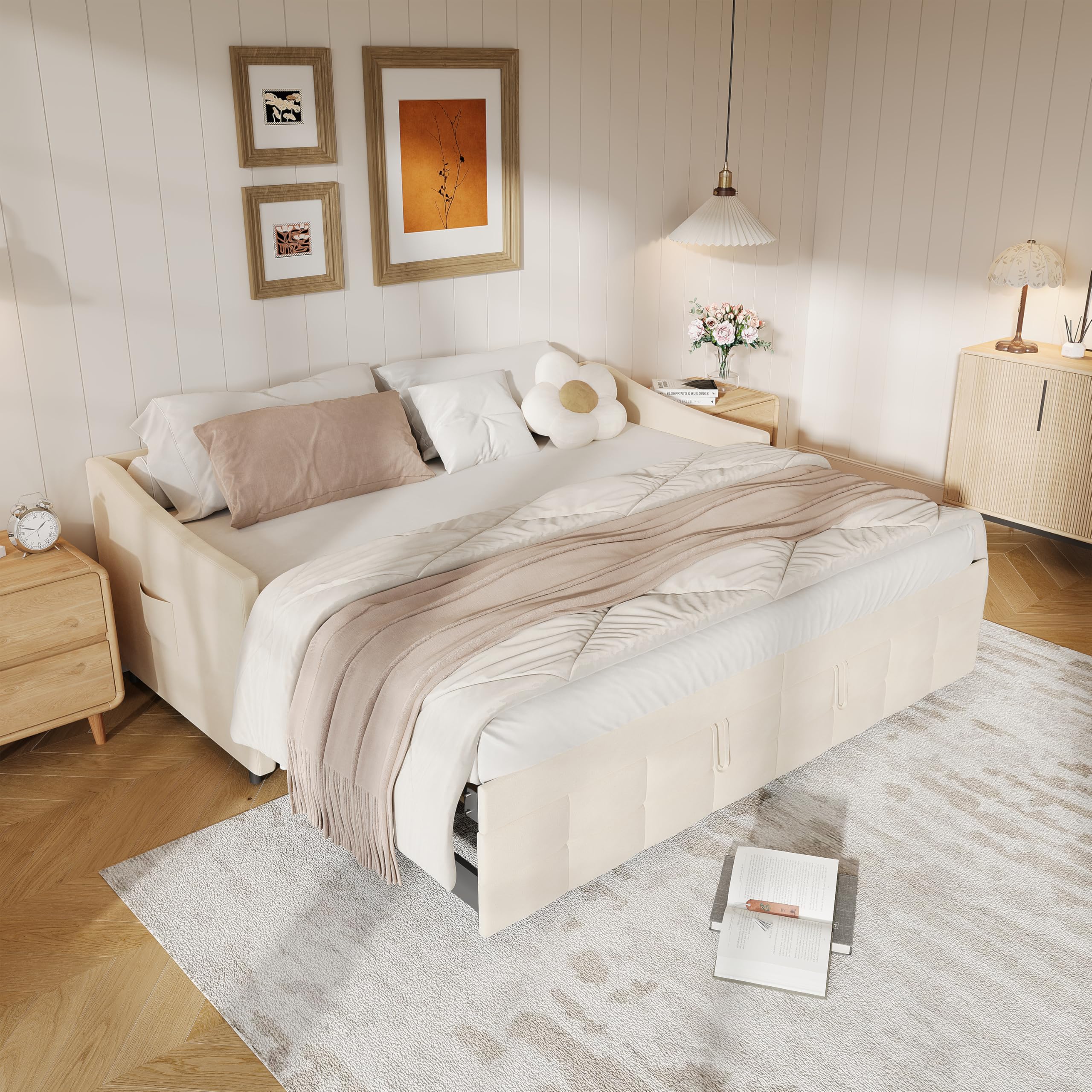 MOTUZP Divano Letto Convertibile, Estensibile Divano Letto 90/180 x 200 cm, Design Salvaspazio con Rete a Doghe, Letto Singolo o Matrimoniale, Velluto Beige