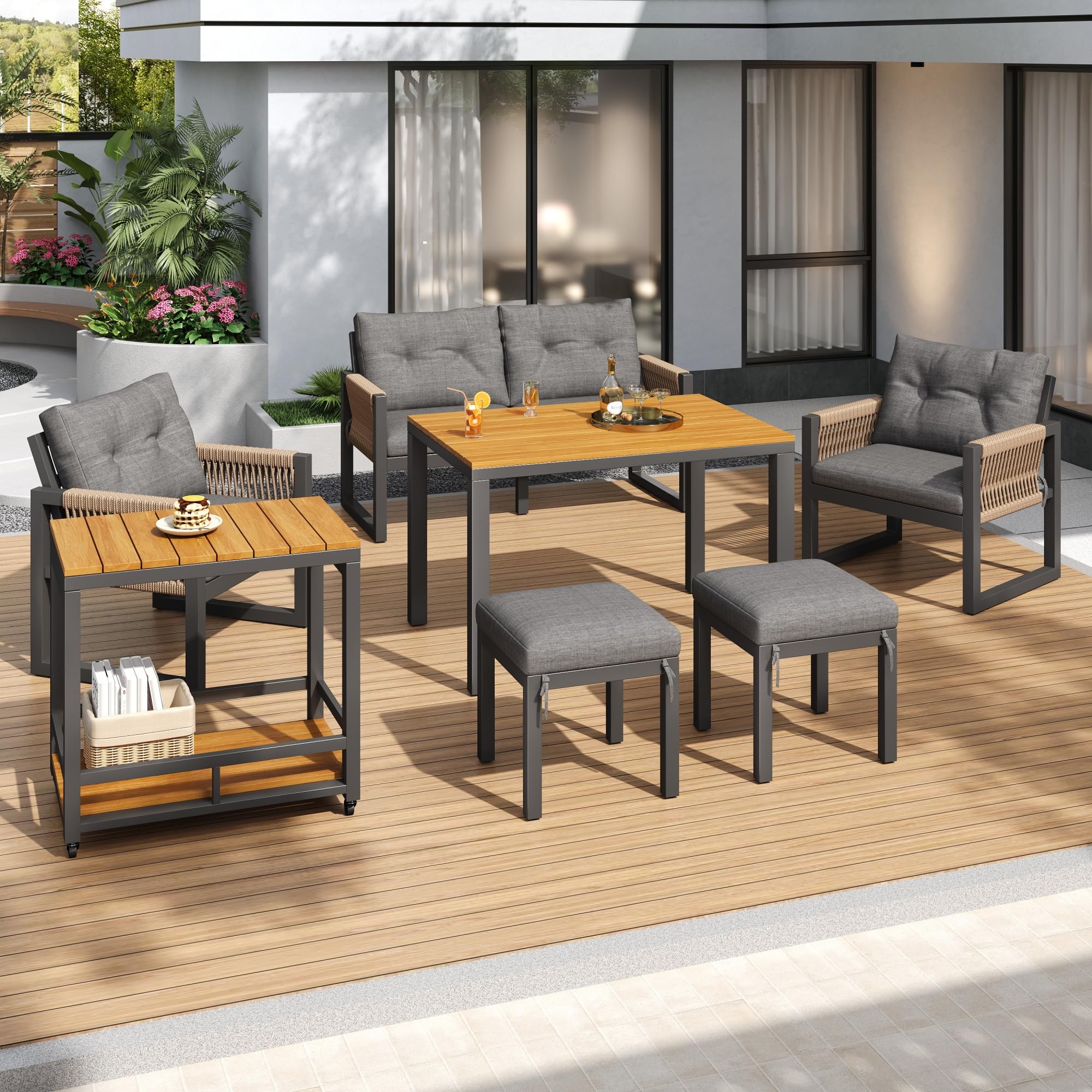 Gartenmöbel Sitzgruppe für 6 Personen, Outdoor Möbel 6-teilig mit Sofa und Couchtisch, Gartenmöbel Set mit Sitzkissen und Kissen, Balkonmöbel Essgruppe für Garten Balkon Terrasse, Grau+Natur