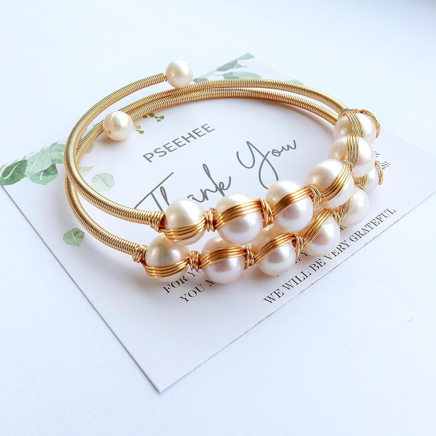 Natural White Pearl Beads Double Layered 14k Gold Filled Wire Wrapped Bracelet, Healing Birthstone Adjustable Bangle Cuff. Healing Gemstone, Gift for Women Men