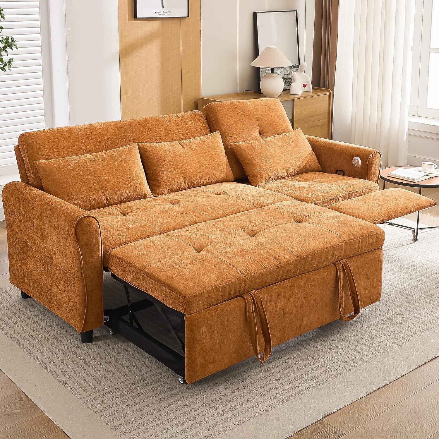 2-in-1 Sleeper Sofa with Pull Out Couch Bed and a Reversible Recliner, 82'' Convertible Chenille Cloud Couch with USB & Adjustable Backrest Comfy Recliner Couches for Living Room Apartment (Orange)