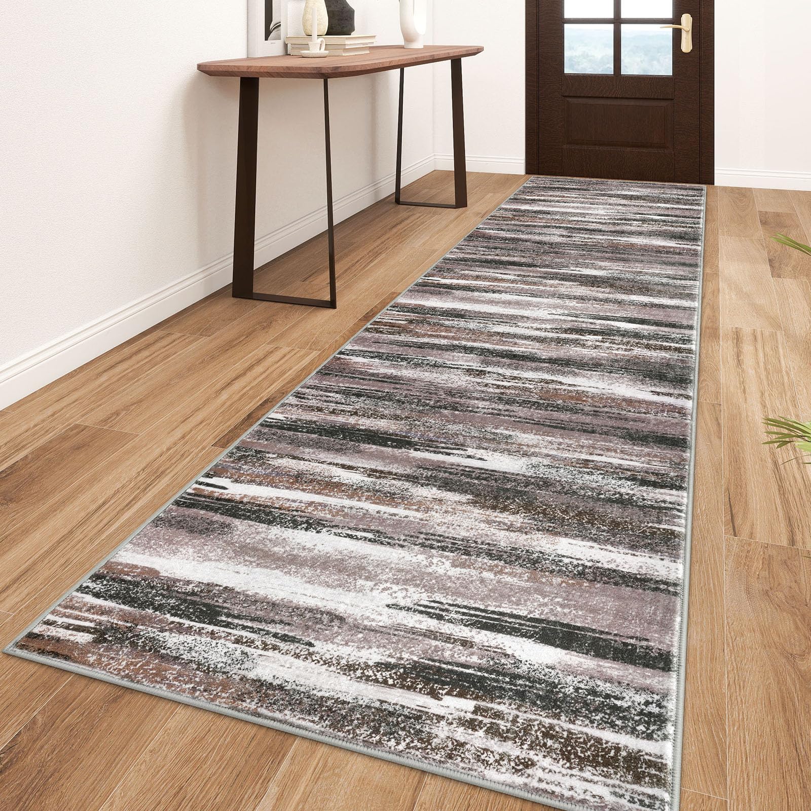 Lansny Modern Abstract Runner Rug 3x10, Dark Light Brown White Washable Kitchen Runner Non-Slip Soft Hallway Rug Runner Thin Print Faux Wool Carpet