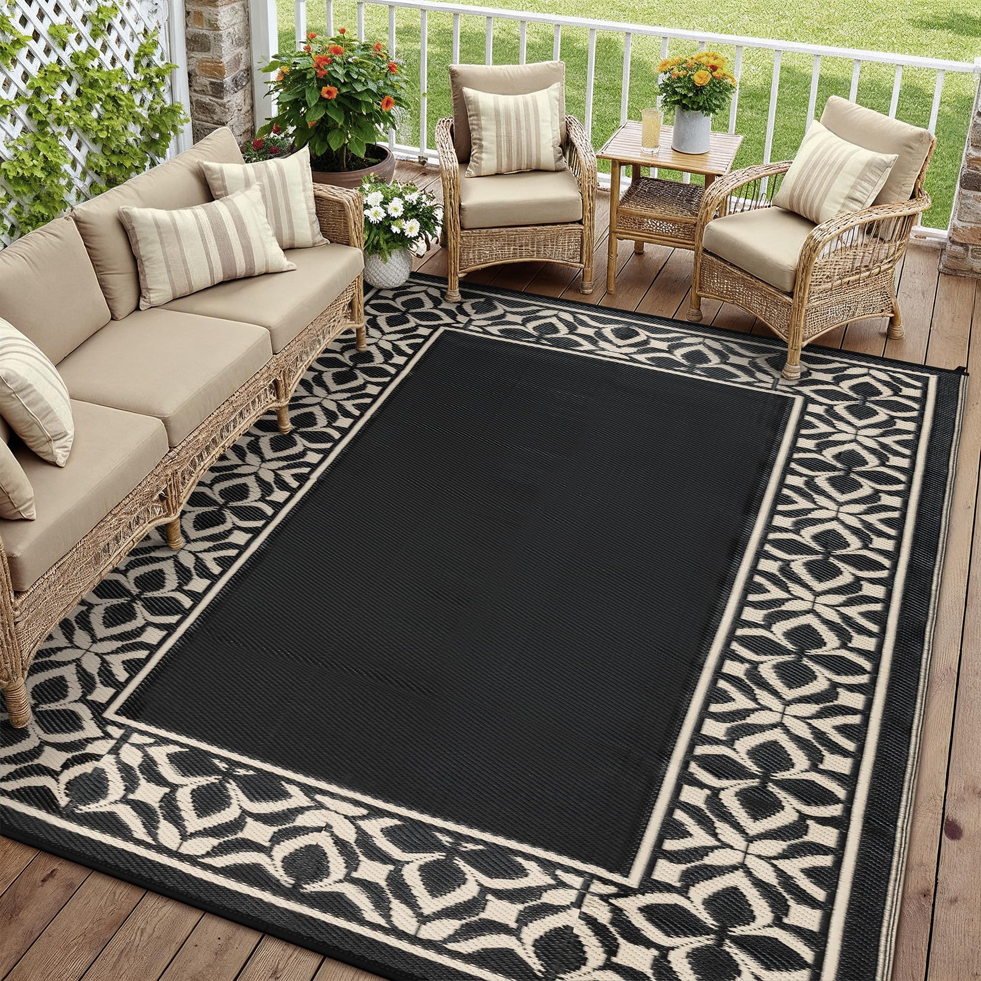 Condition photo showing New/Like New for purecozy outdoor plastic straw rug black beige large outside waterproof outdoor patio 5x8 carpet geometric reversible mat modern for camping rv porch deck balcony beach