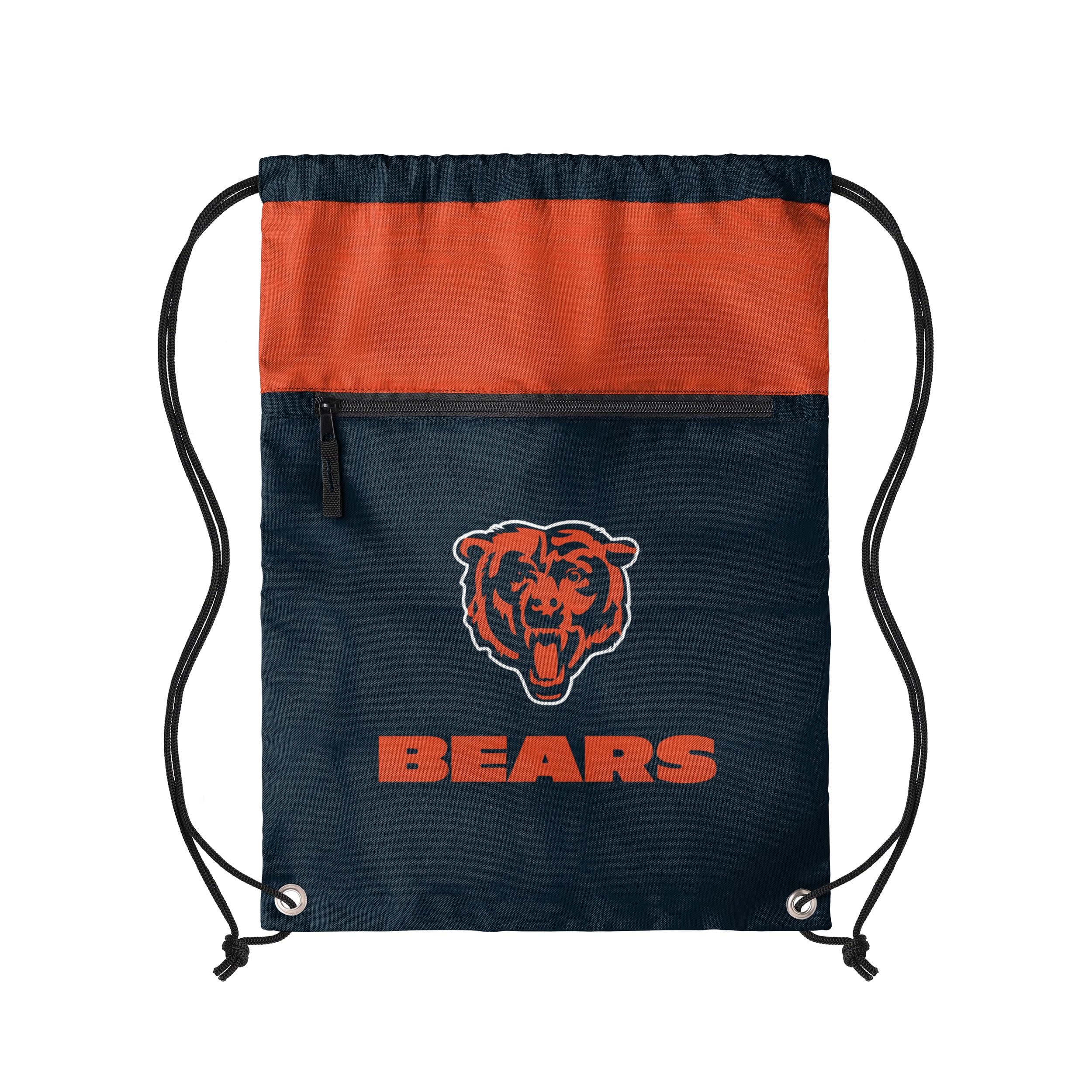 FOCO NFL Officially Licensed Unisex Team Color Football Primary Logo Wordmark Drawstring Backpack With Zippered Pocket, Chicago Bears, One Size, Daypack Backpacks
