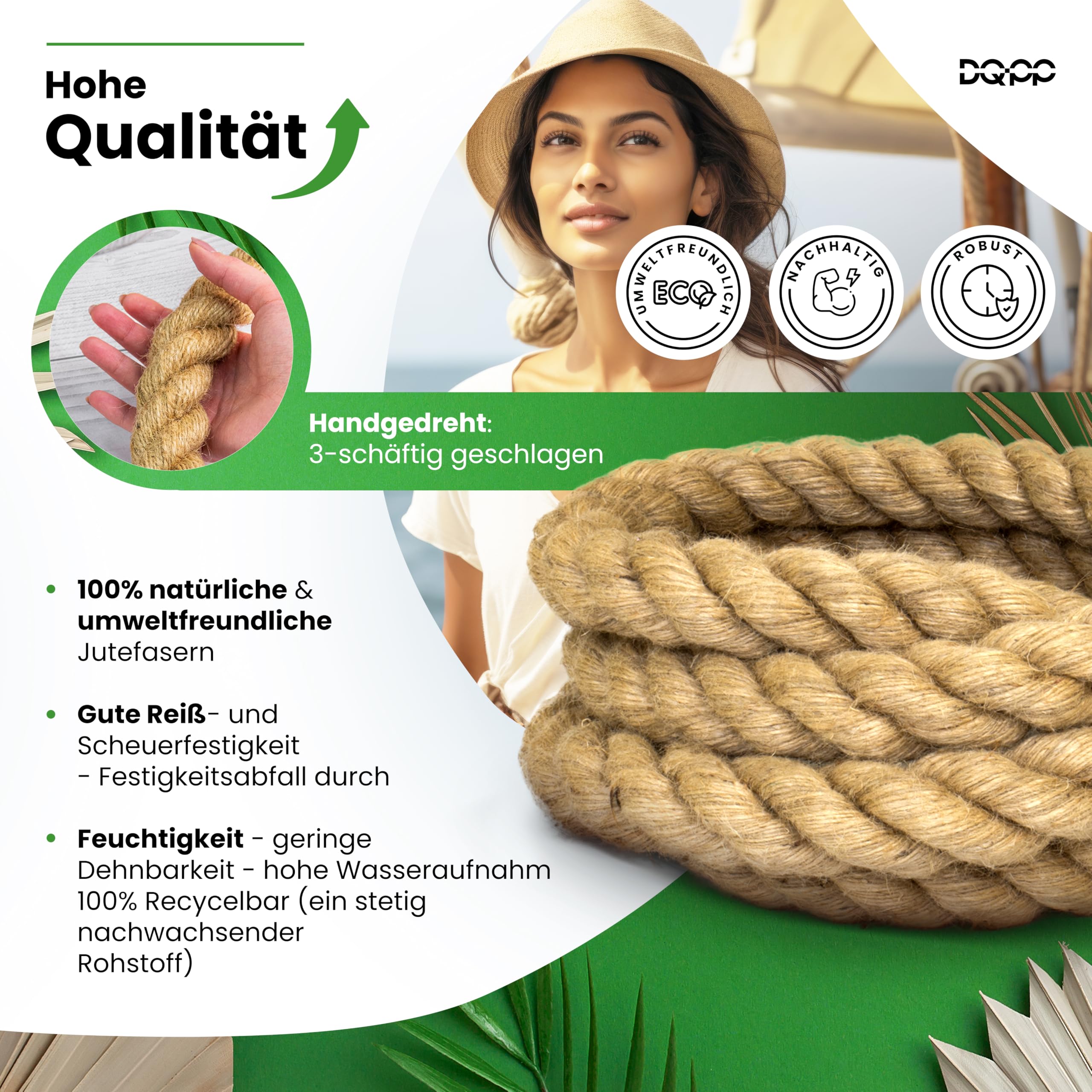 DQ-PP Cuerda de yute | 30 m | 50 mm de grosor | cordón marrón natural | decoración DIY | macramé | jardín tira y afloja pasamanos