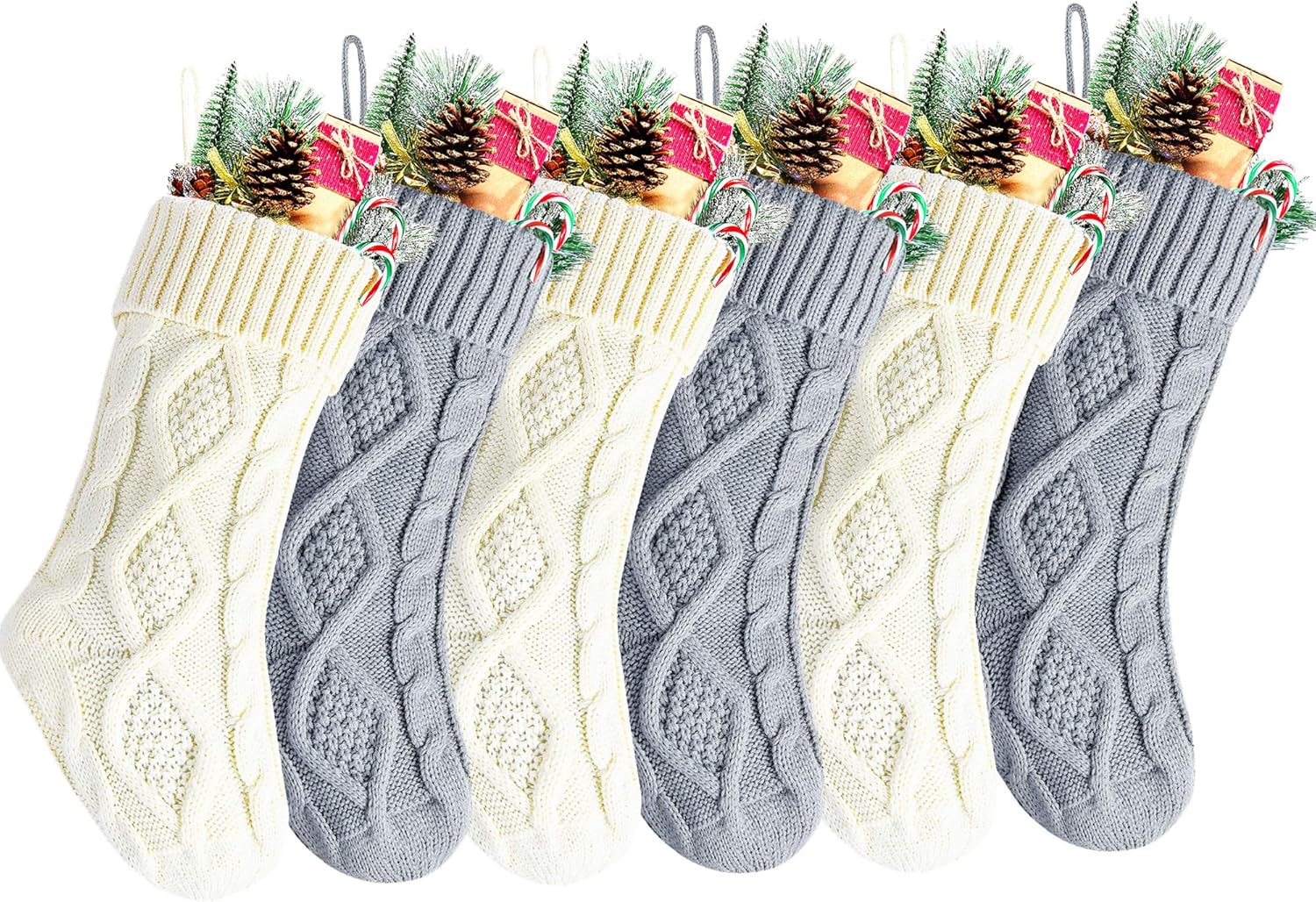 Christmas Stockings 20 Inch Burgundy, Ivory, Green Cable Knit Xmas Stockings for Family Christmas Decoration, 6 Pack