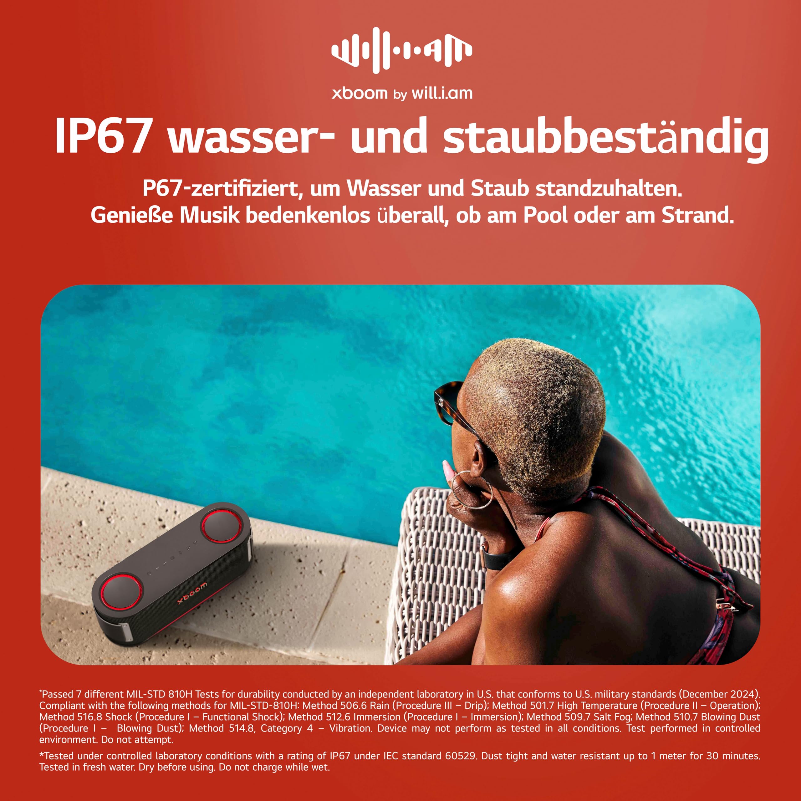LG xboom Bounce by will.i.am, tragbarer Bluetooth-Lautsprecher (Signature Sound, nach Oben gerichtete Passivstrahler, IP67, bis zu 30 Std. Akkulaufzeit), Schwarz [Modelljahr: 2025]