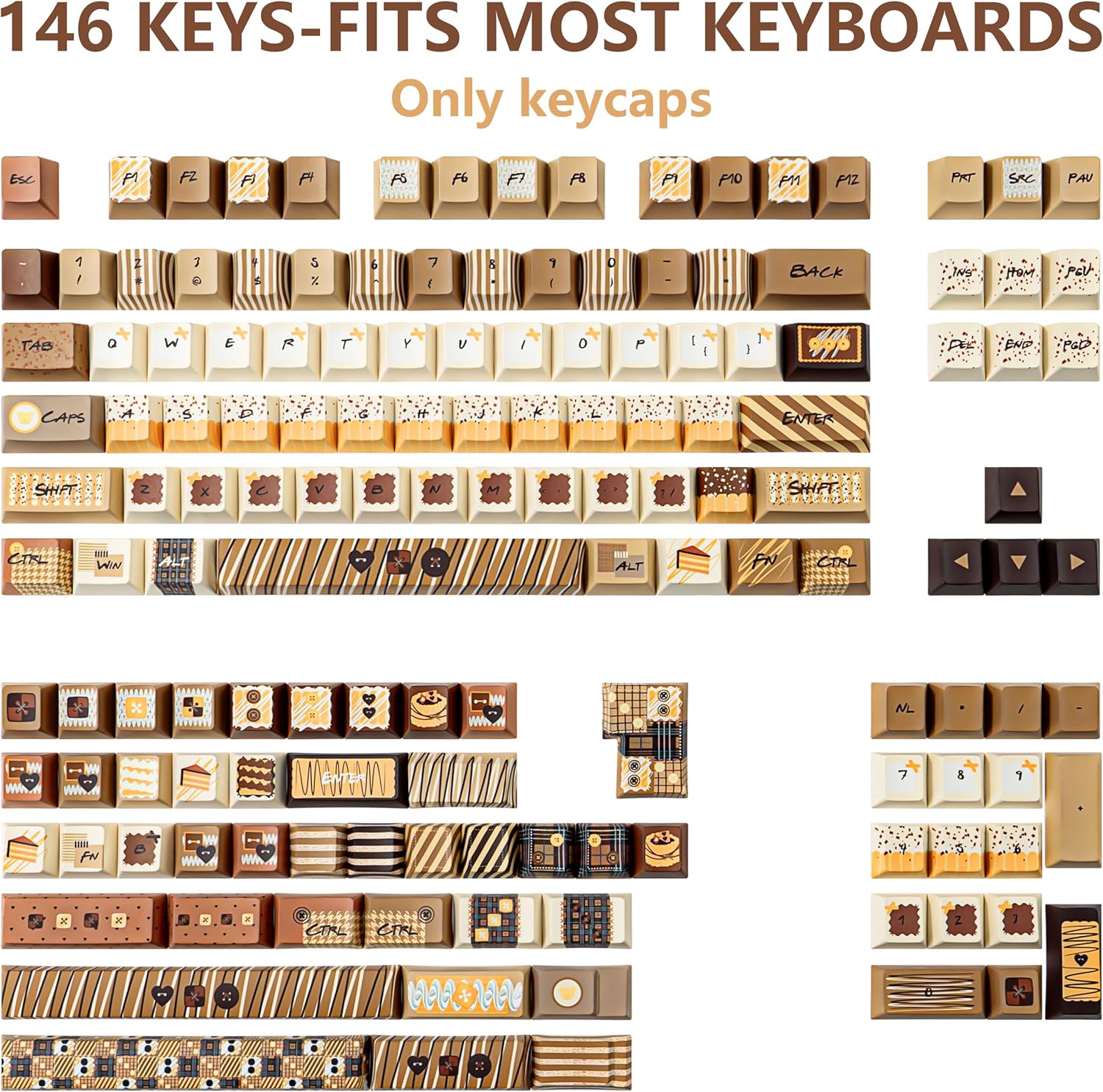 TICKTYPE PBT Keycaps 146 Keys, Brown Cake Style Keycaps Cherry Profile Dye Sublimation Keycap Cute Custom Keyboard Keycap Set for Cherry Gateron MX Switches Mechanical Keyboard
