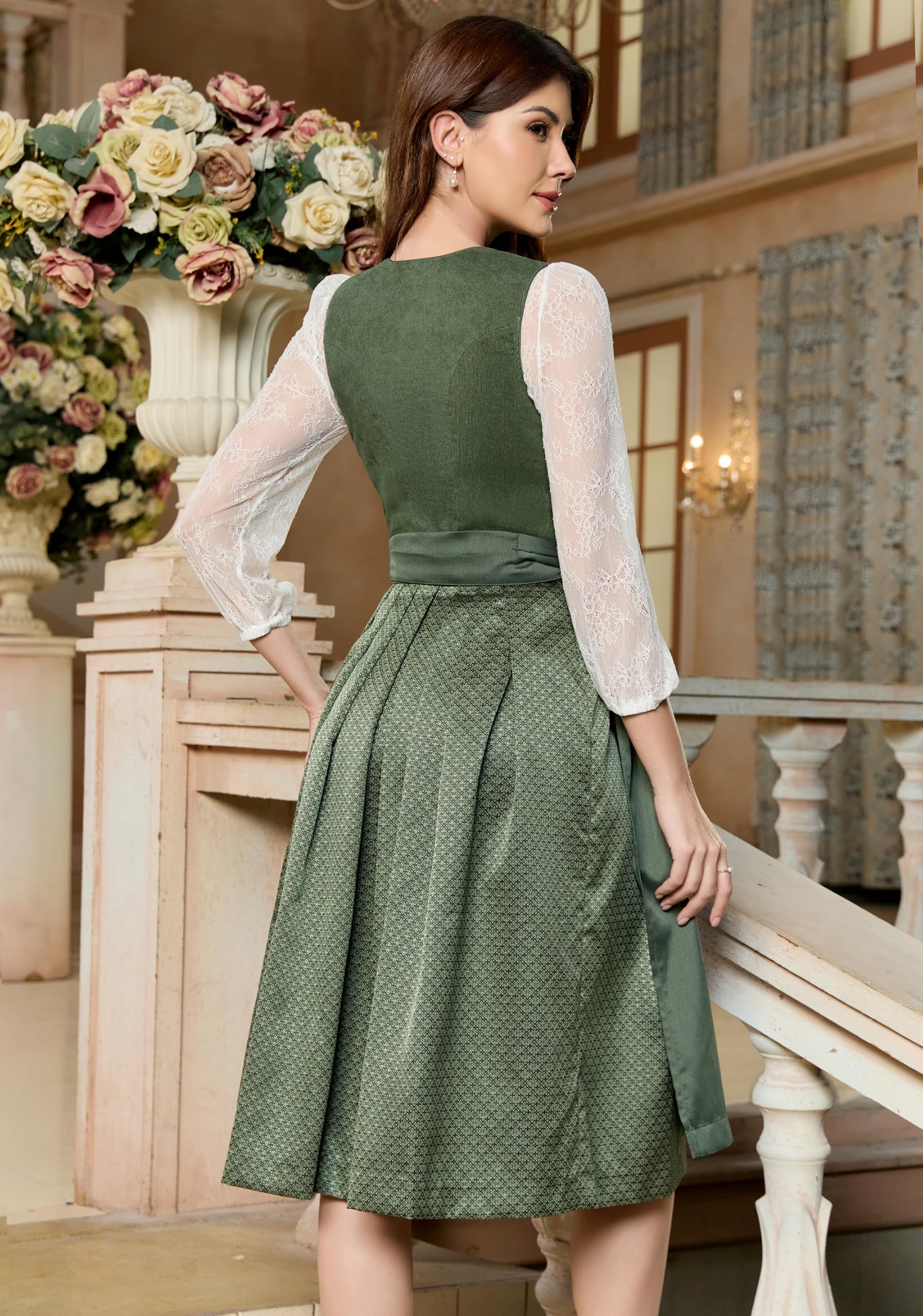 Dirndl Damen Cord Oktoberfest Trachtenkleid Midi Trachtenrock Rocklänge 70 cm Grün Gr.34-44