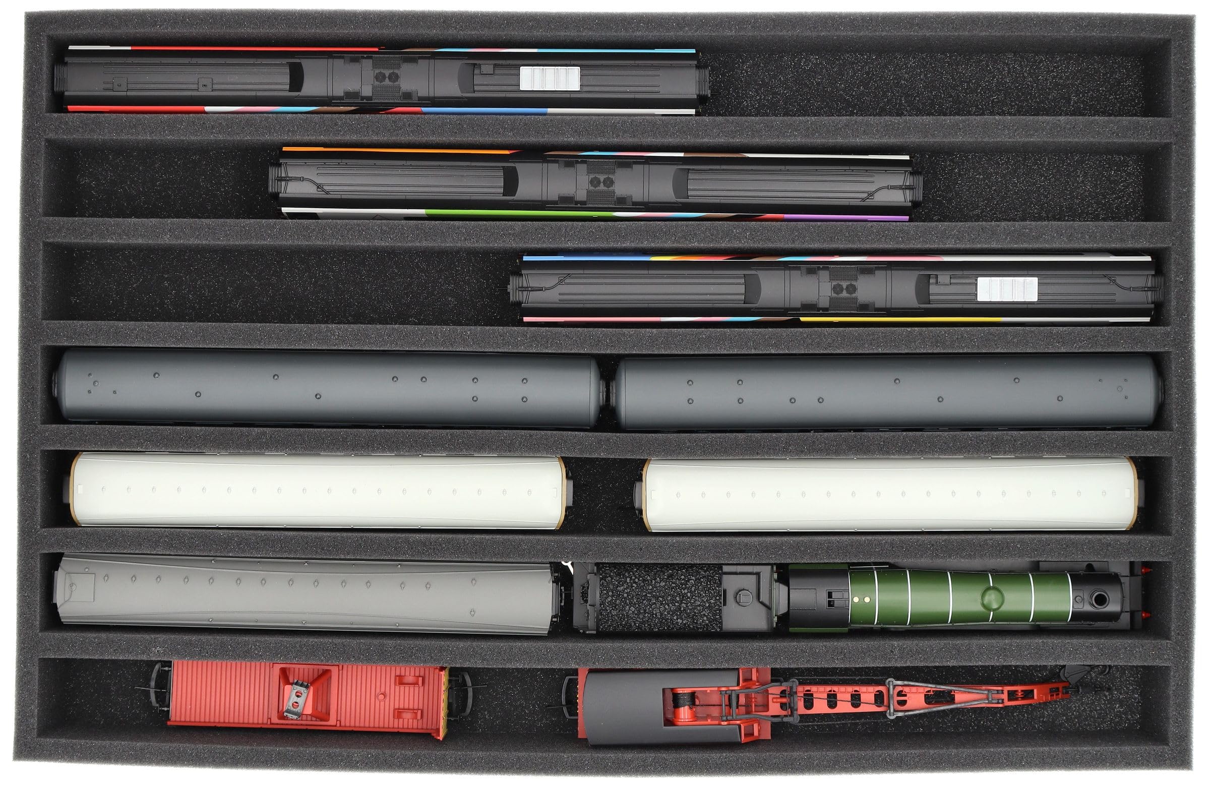 Wkładka piankowa Feldherr do modelu kolejowego - skala 00-7 przedziałów do przechowywania lokomotyw, wagonów i pojazdów pionowo - 560 x 360 x 65 mm - transport i przechowywanie - EU065A003